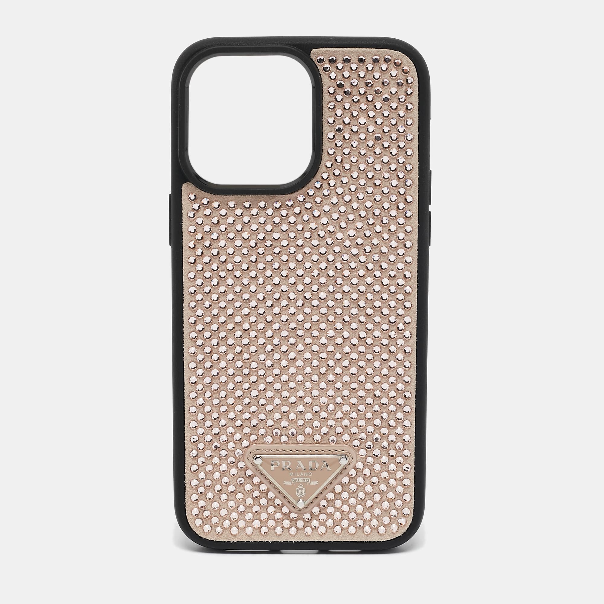 Prada Black/Beige Rubber Crystals Embellished iPhone 14 Pro Case