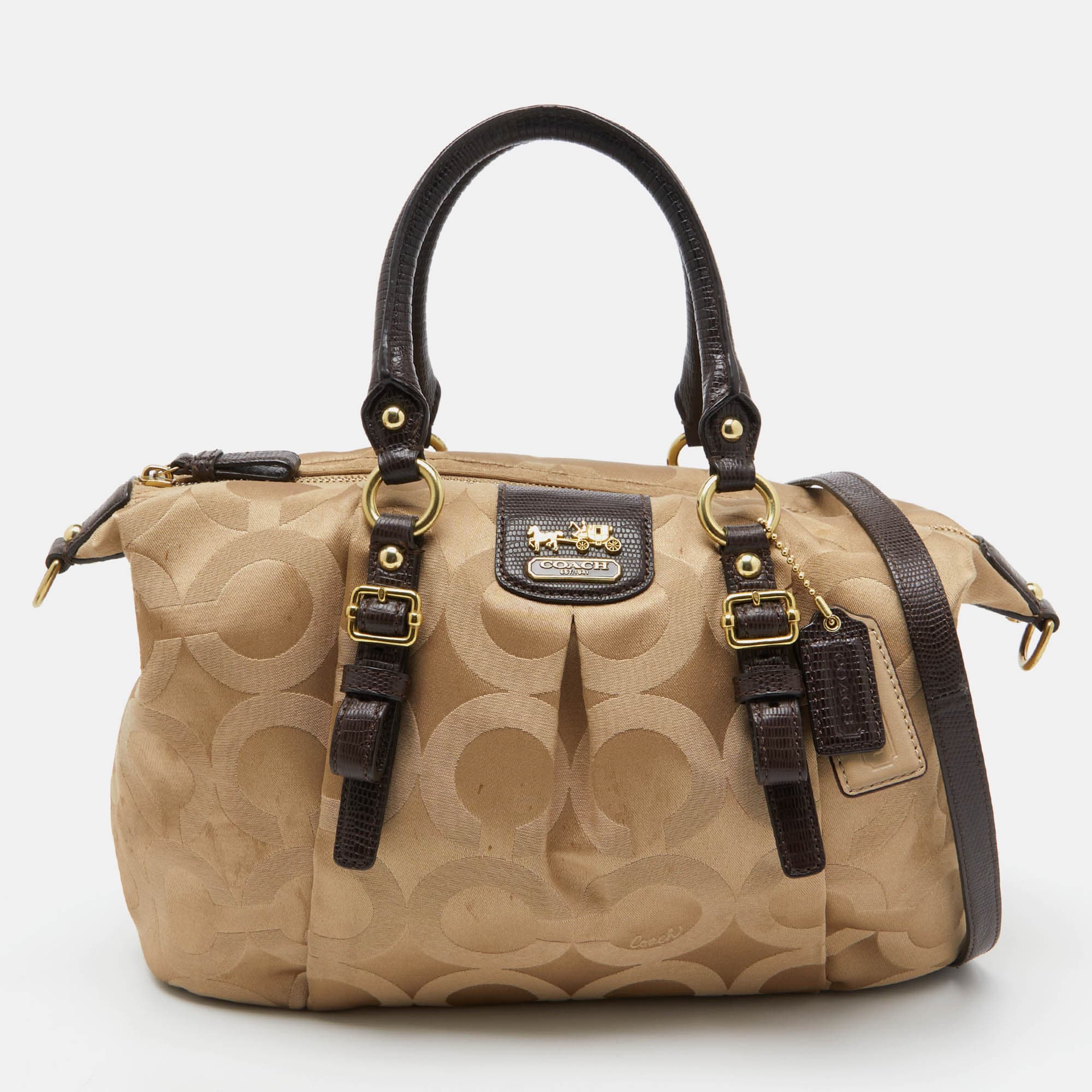 Coach Beige/Brown Signature Canvas and Lizard Embossed Leather Madison Juliette Satchel