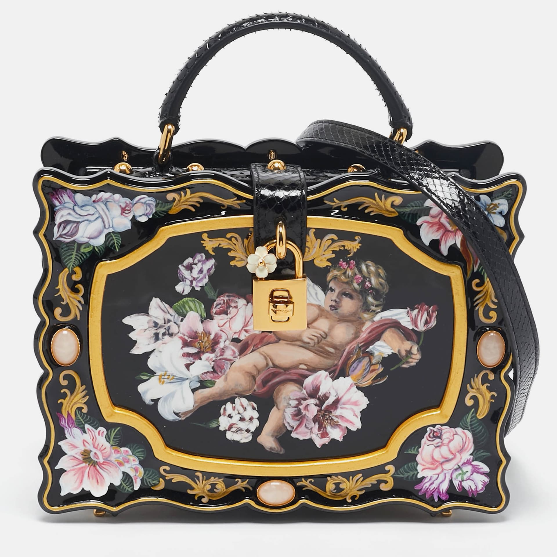 Dolce & Gabbana Dolce Box Black Acrylic and Snakeskin Leather Top Handle Bags