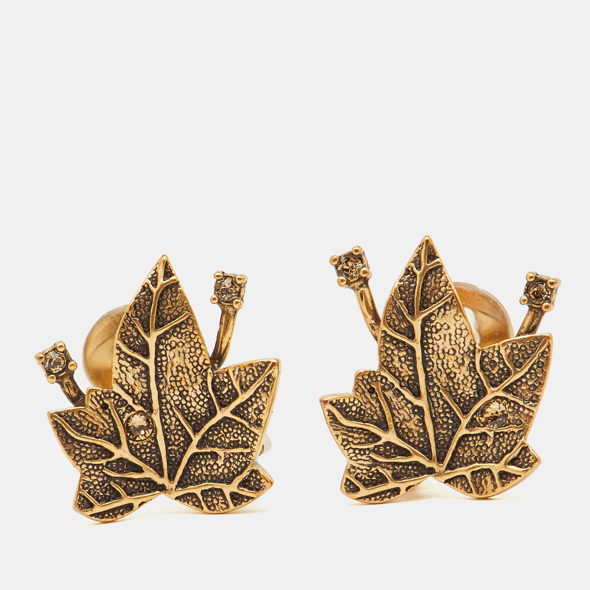 Oscar de la Renta Crystal Gold Tone Leaf Motif Clip-on Earrings