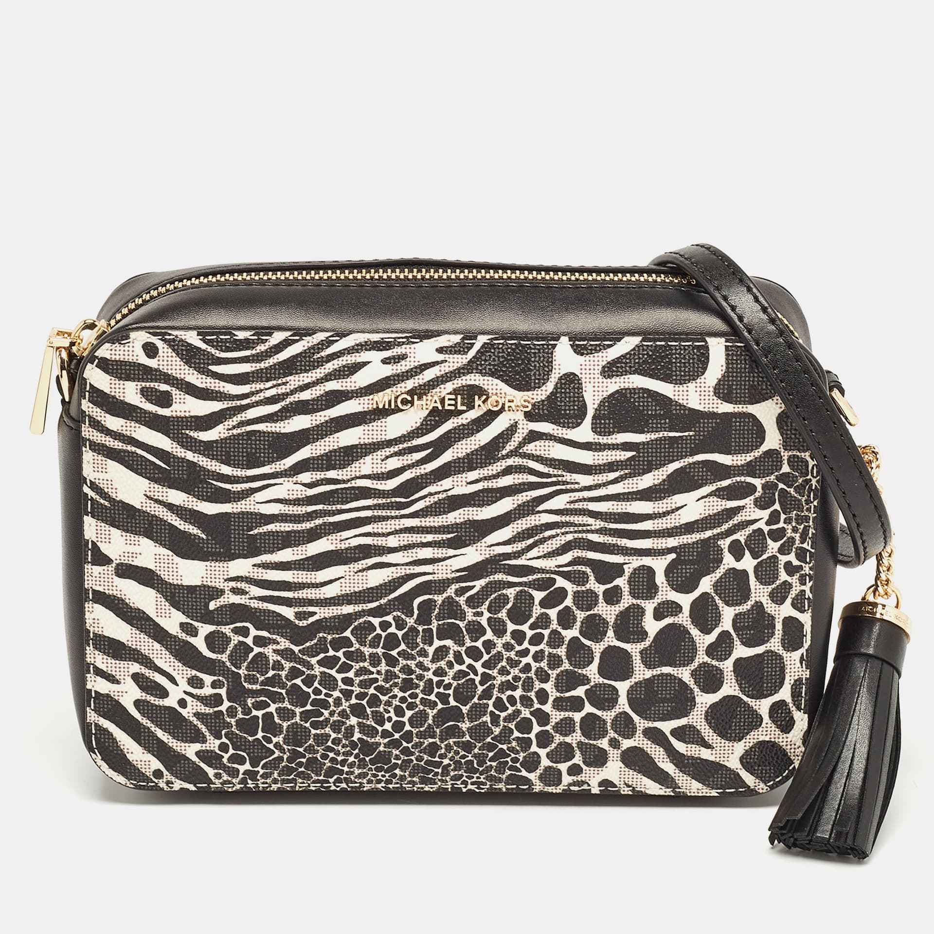 Michael Kors Black/White Printed Faux Leather Ginny Camera Crossbody Bag