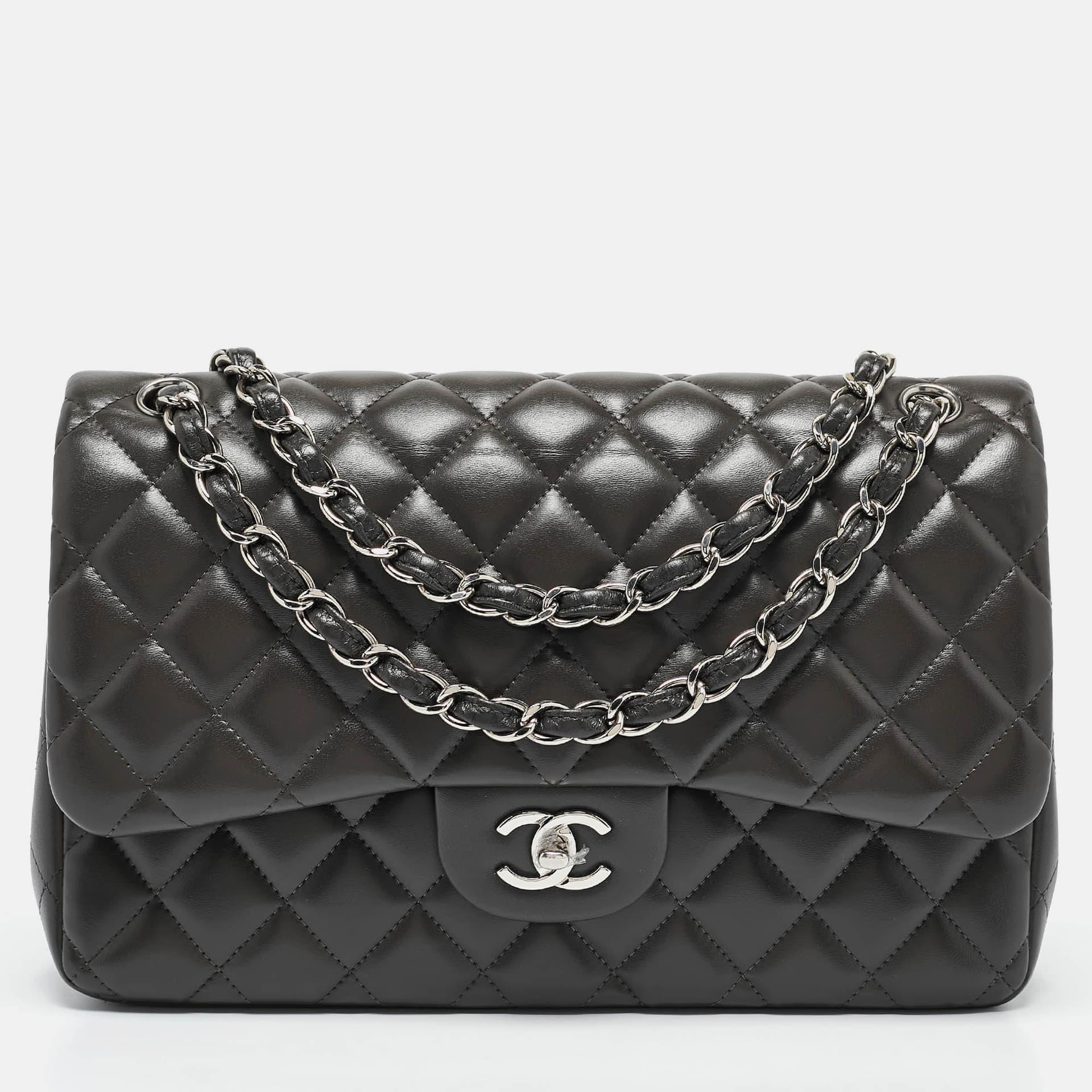 Chanel Grey Quilted Leather Jumbo Classic Double Flap Bag