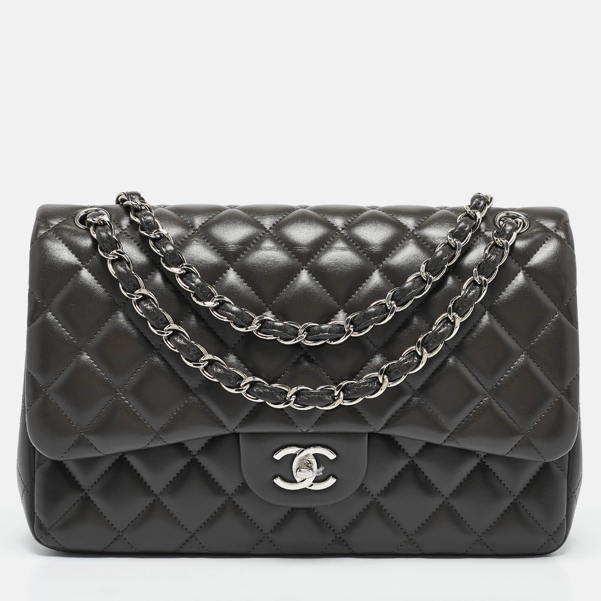 Chanel Grey Quilted Leather Jumbo Classic Double Flap Bag