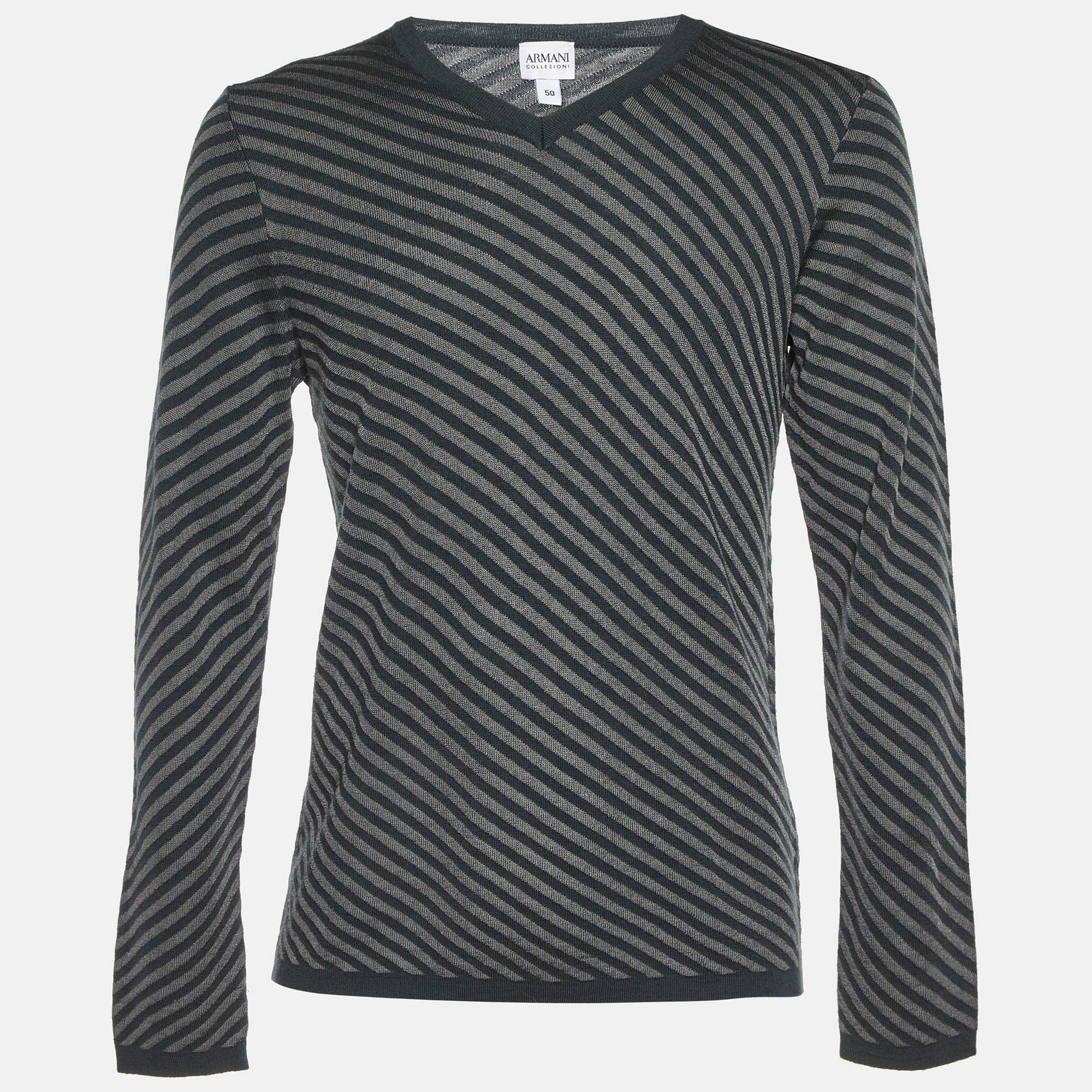 Armani Collezioni Grey Diagonal Striped Wool V-Neck Jumper L