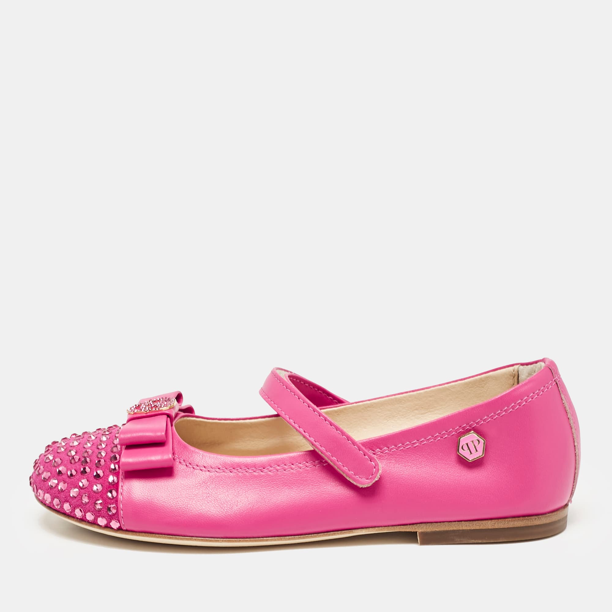 Philipp Plein Pink Leather and Suede Crystal Embellished Bow Ballet Flats Size 30