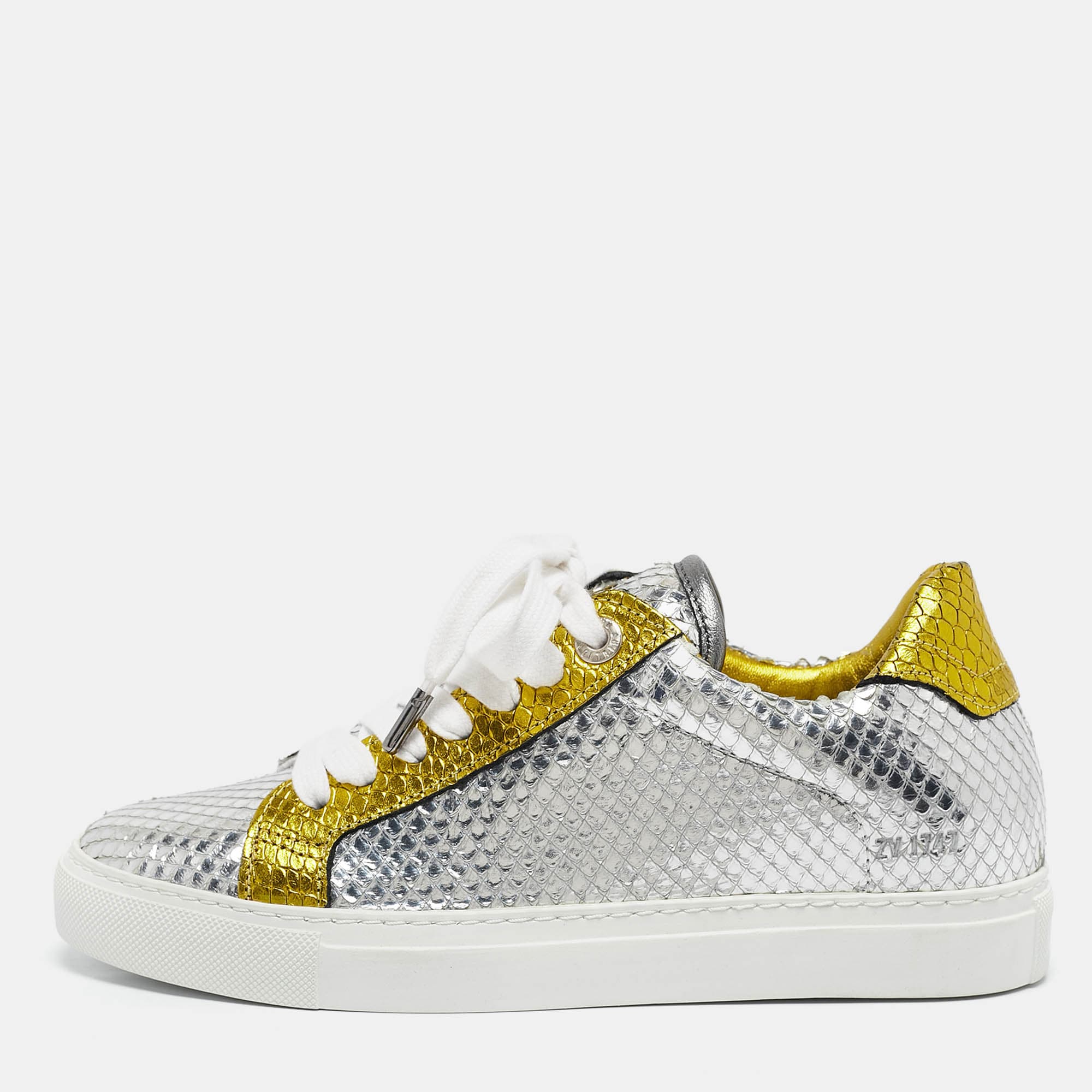 Zadig & Voltaire Silver/Gold Snakeskin Embossed Leather Lace Up Sneakers Size 36