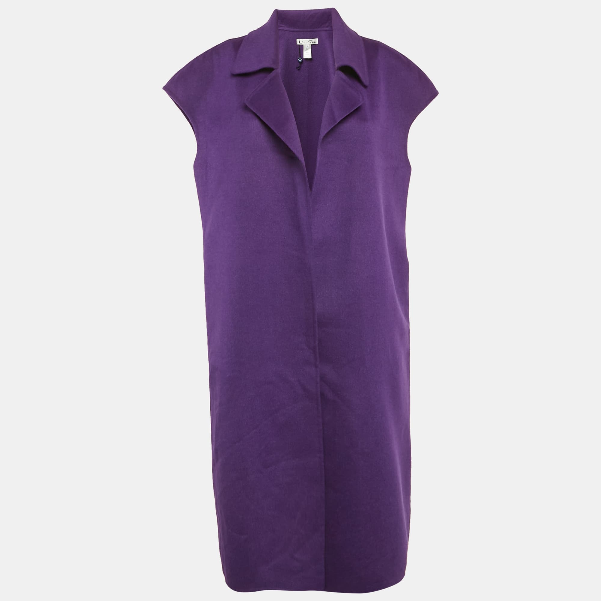 Oscar de la Renta Purple Wool Open Front Sleeveless Overcoat L