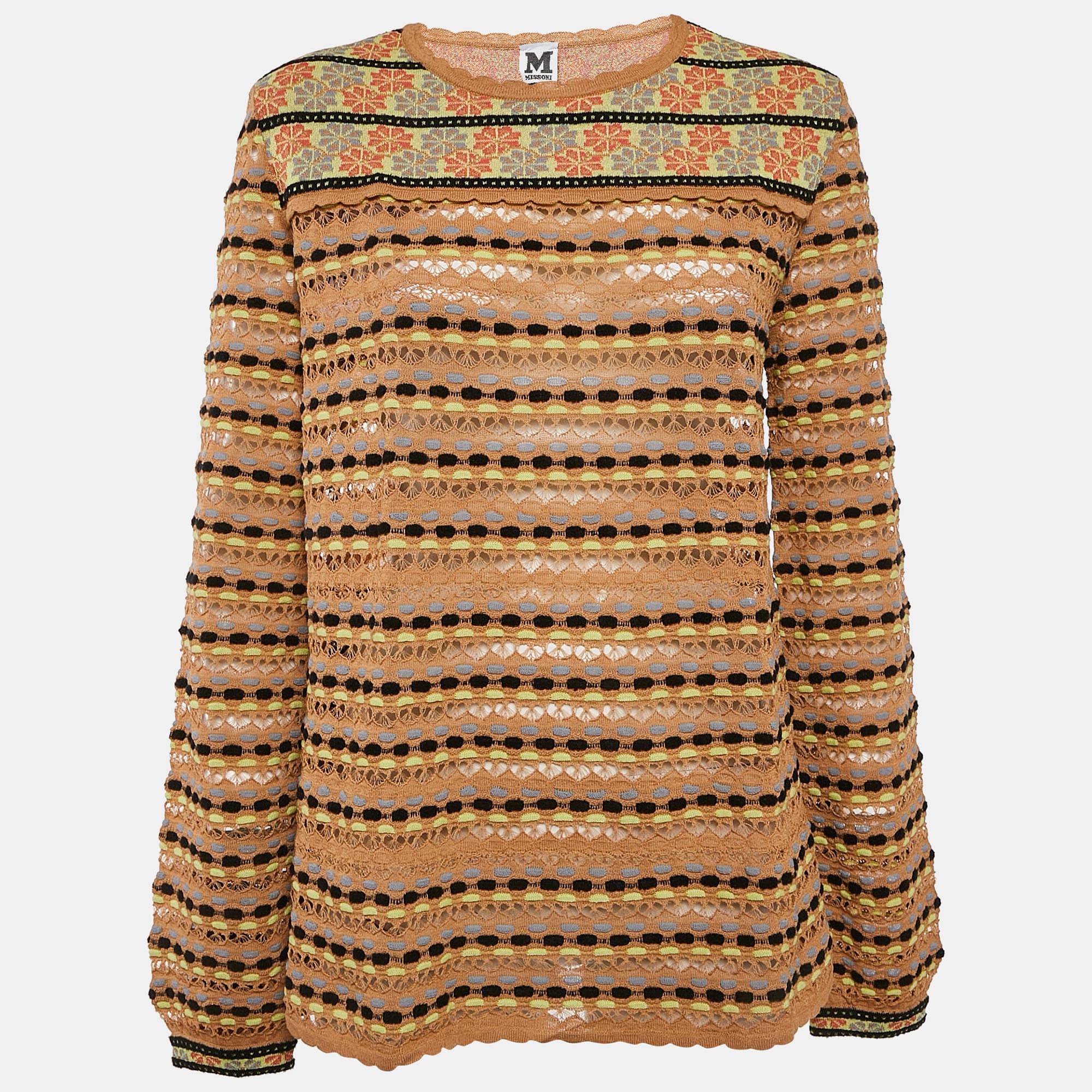 M Missoni Beige/Multicolor Patterned Knit Long Sleeve Top L