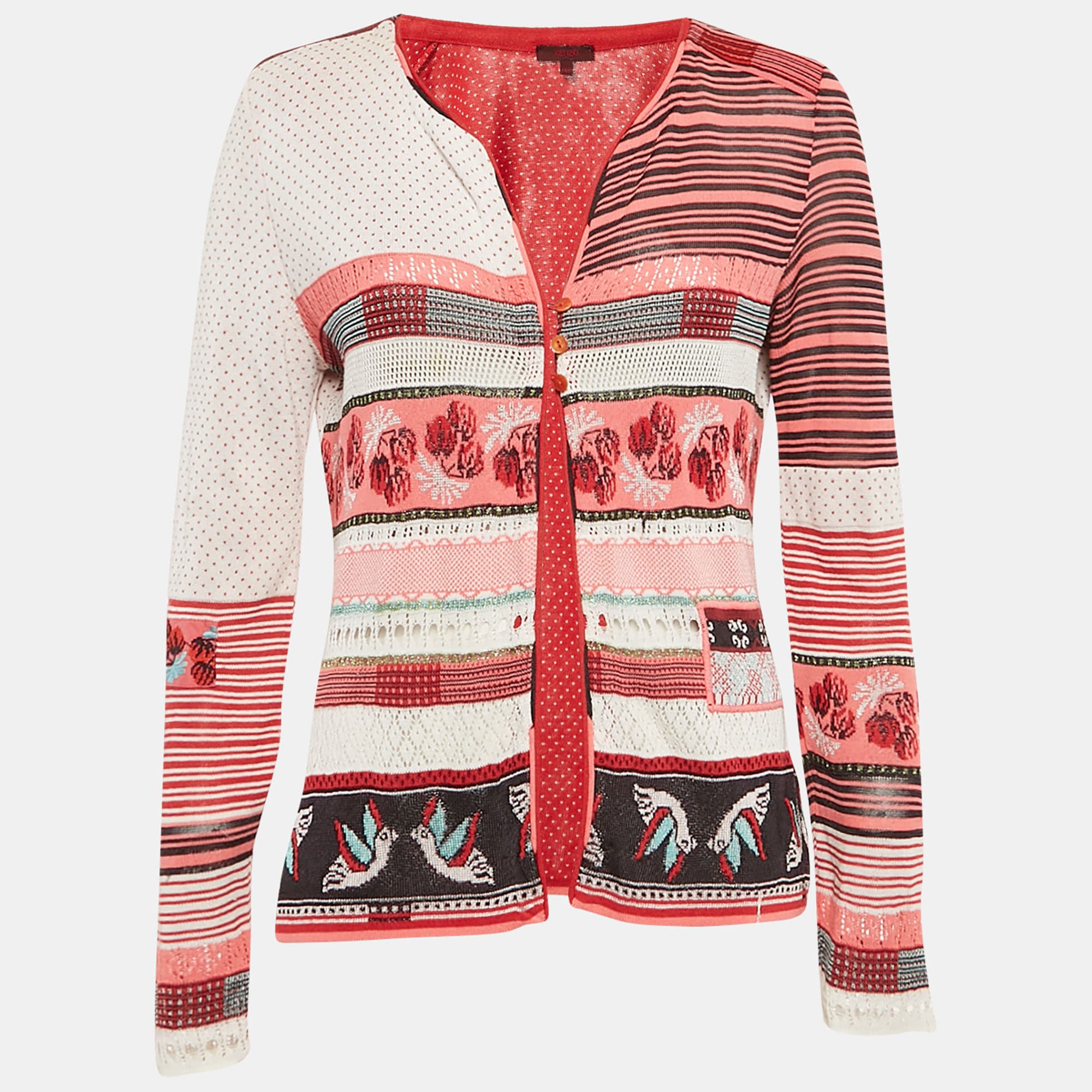 Kenzo Red Intarsia Knit Button Front Cardigan M