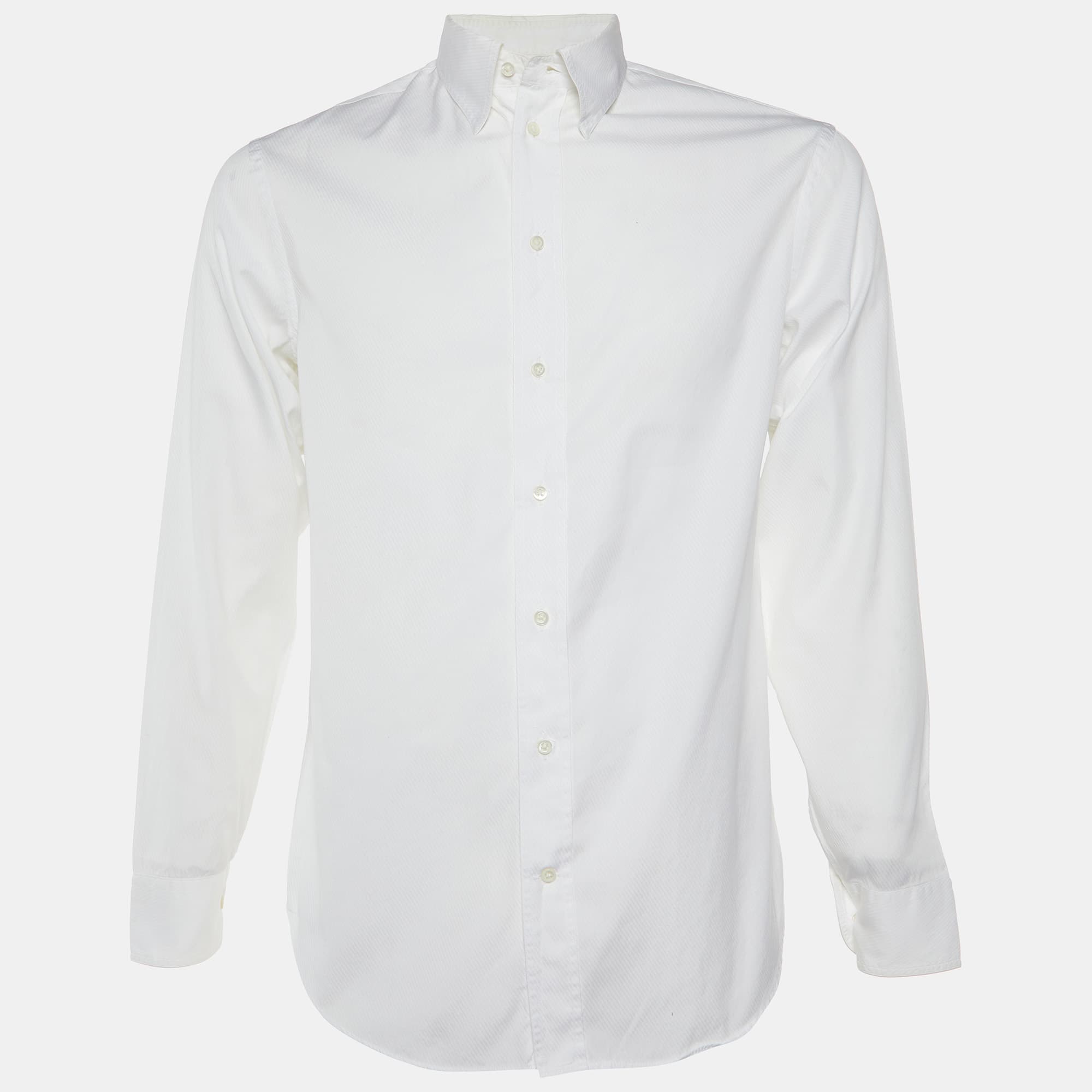 Armani Collezioni White Diagonal Striped Cotton Button Down Shirt M