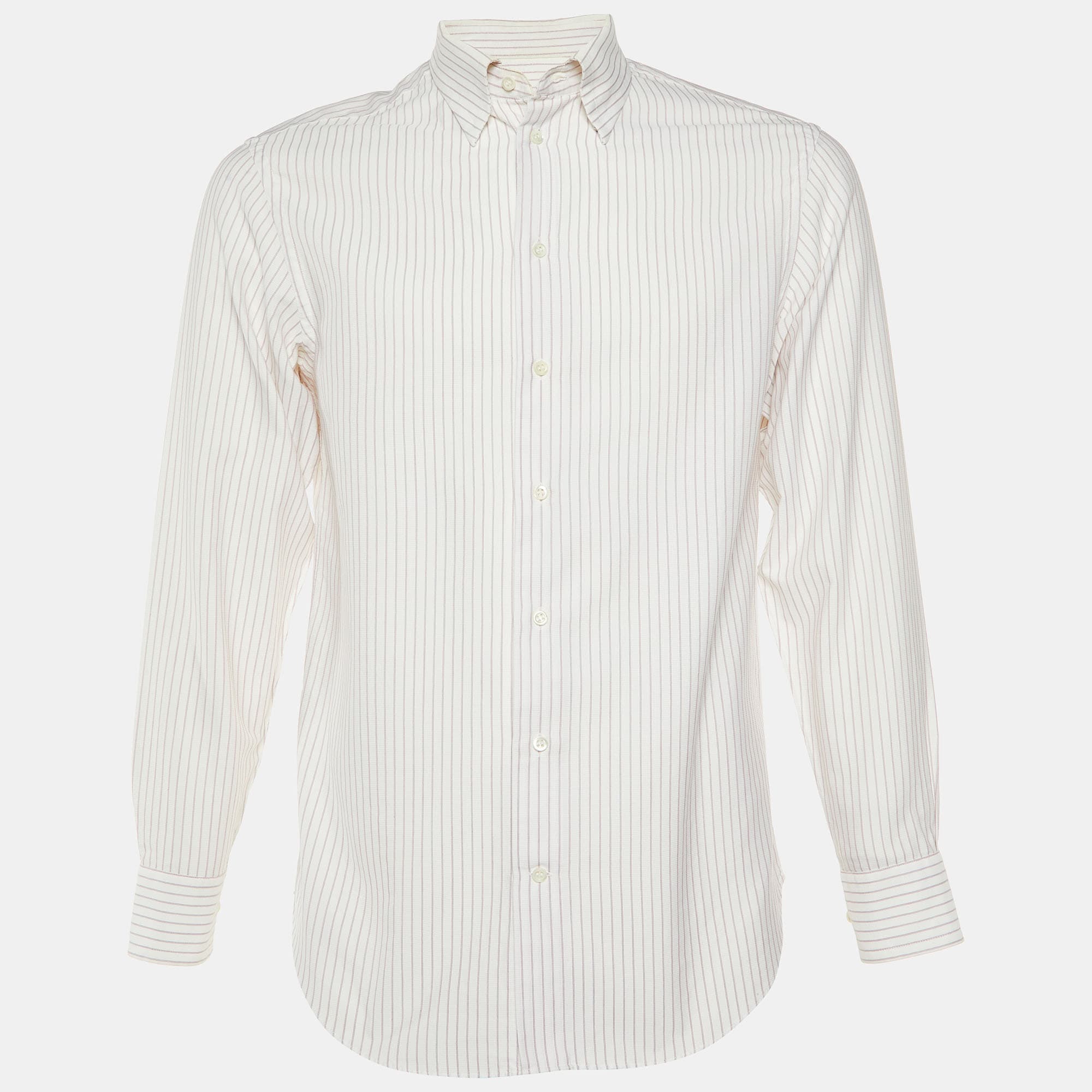 Armani Collezioni White Striped Cotton Long Sleeve Shirt M