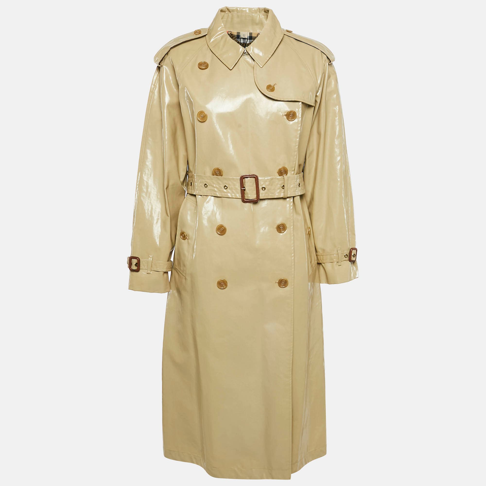 Burberry Honey Beige Coated Cotton Double Breasted Long Coat S