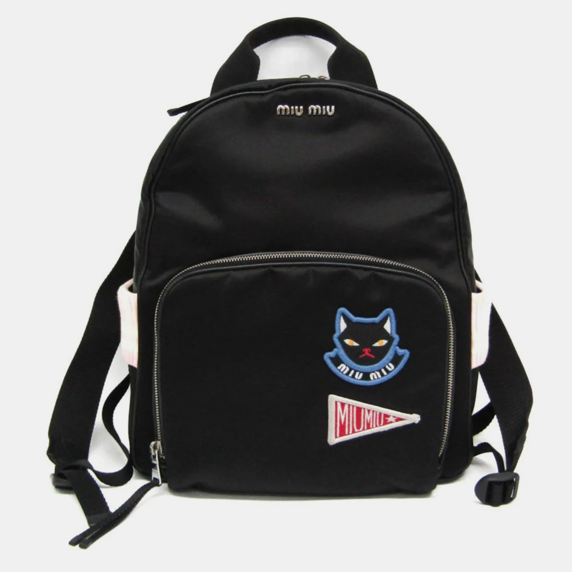 Miu Miu Black Nylon/Knit Cat Applique Backpack