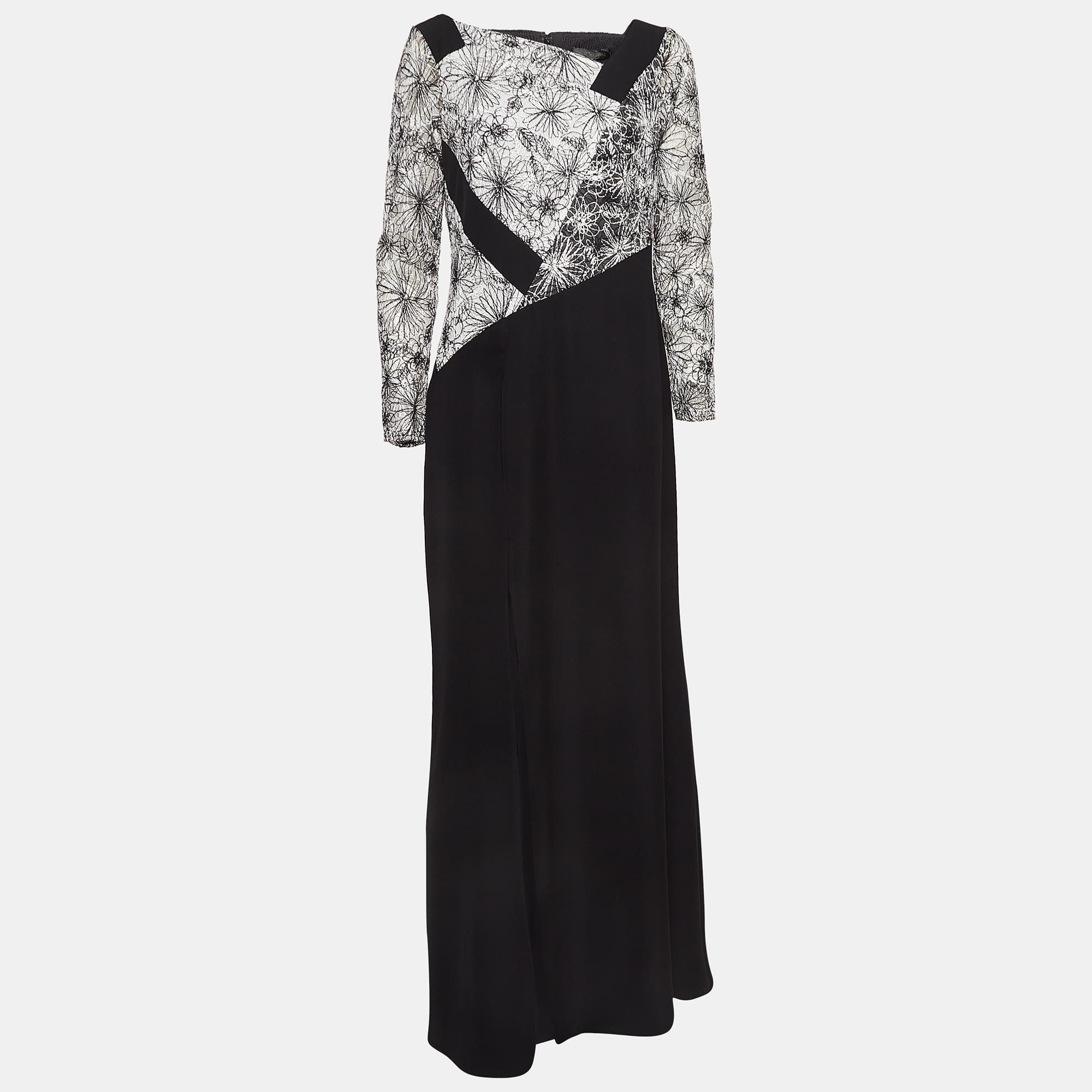 Tadashi Shoji Black/White Crepe & Lace Full Sleeve Maxi Dress M