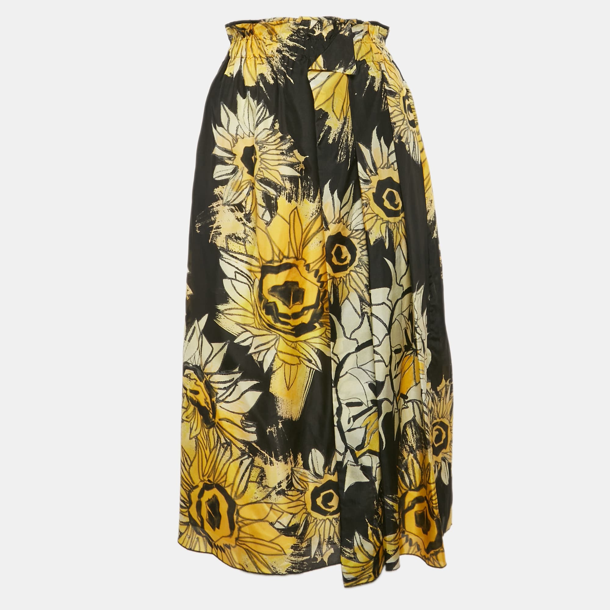 N&ordm;21 Black Sunflower Print Silk Ruffled Midi Skirt M