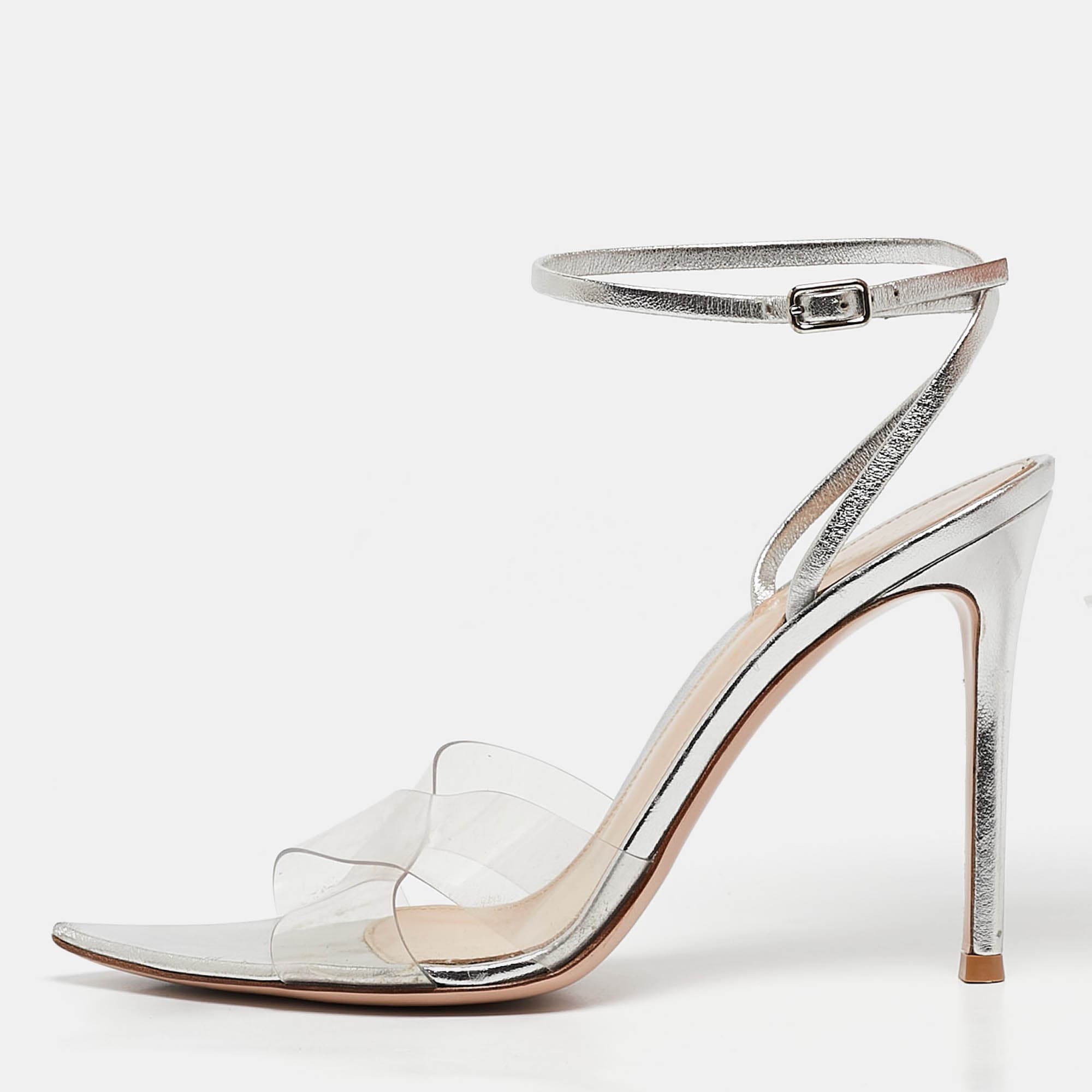 Gianvito Rossi Plexi Stark Size 37 Silver Leather and PVC Ankle Strap Sandals