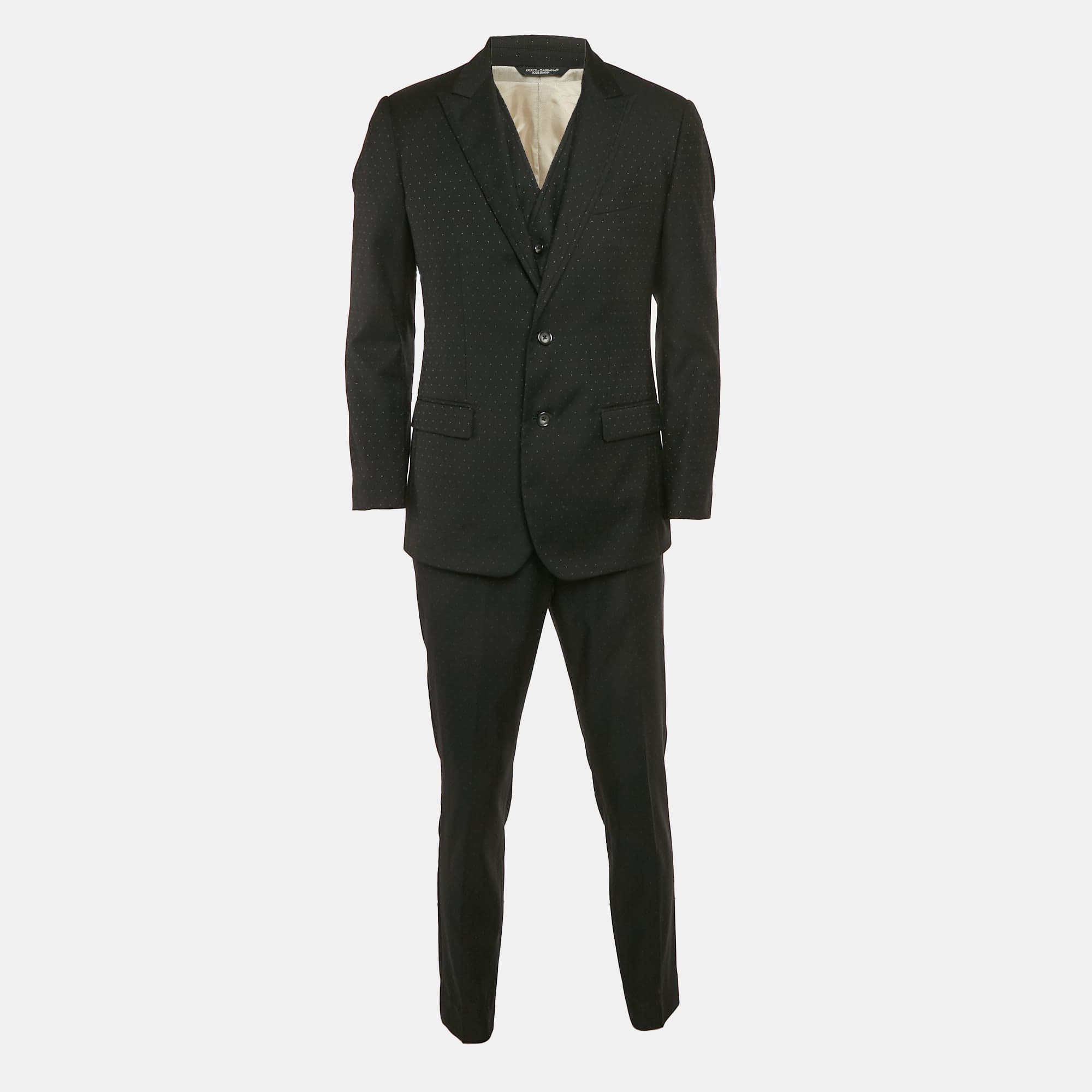 Dolce & Gabbana Black Patterned Wool 3 Piece Suit Set M