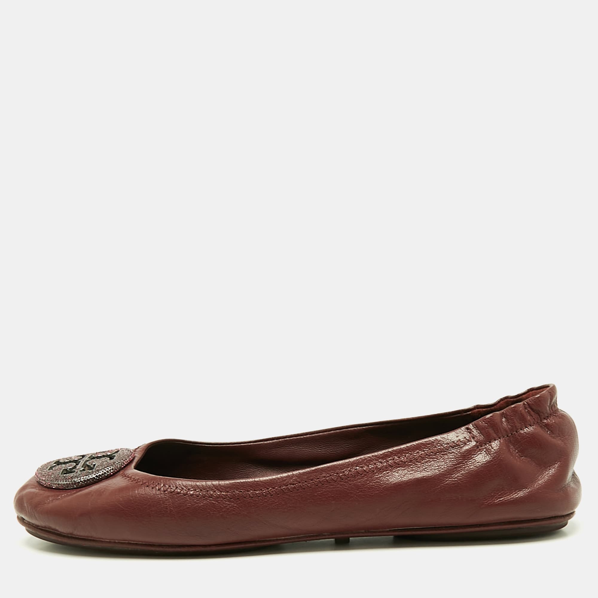 Tory Burch Burgundy Leather Minnie Travel Ballet Flats Size 40.5