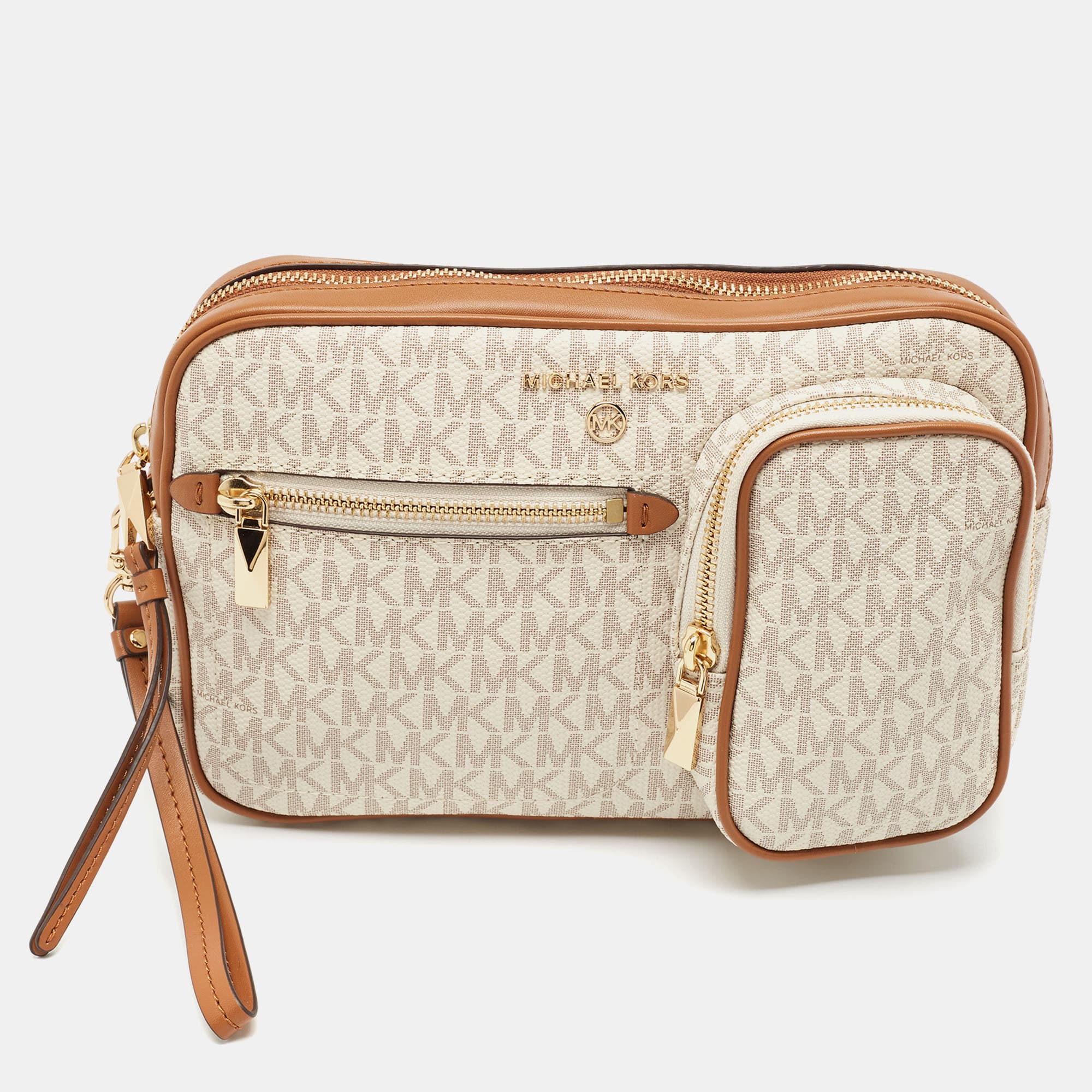 Michael Kors Beige/Brown Signatur Canvas Jet Set Travel Wristlet Pouch