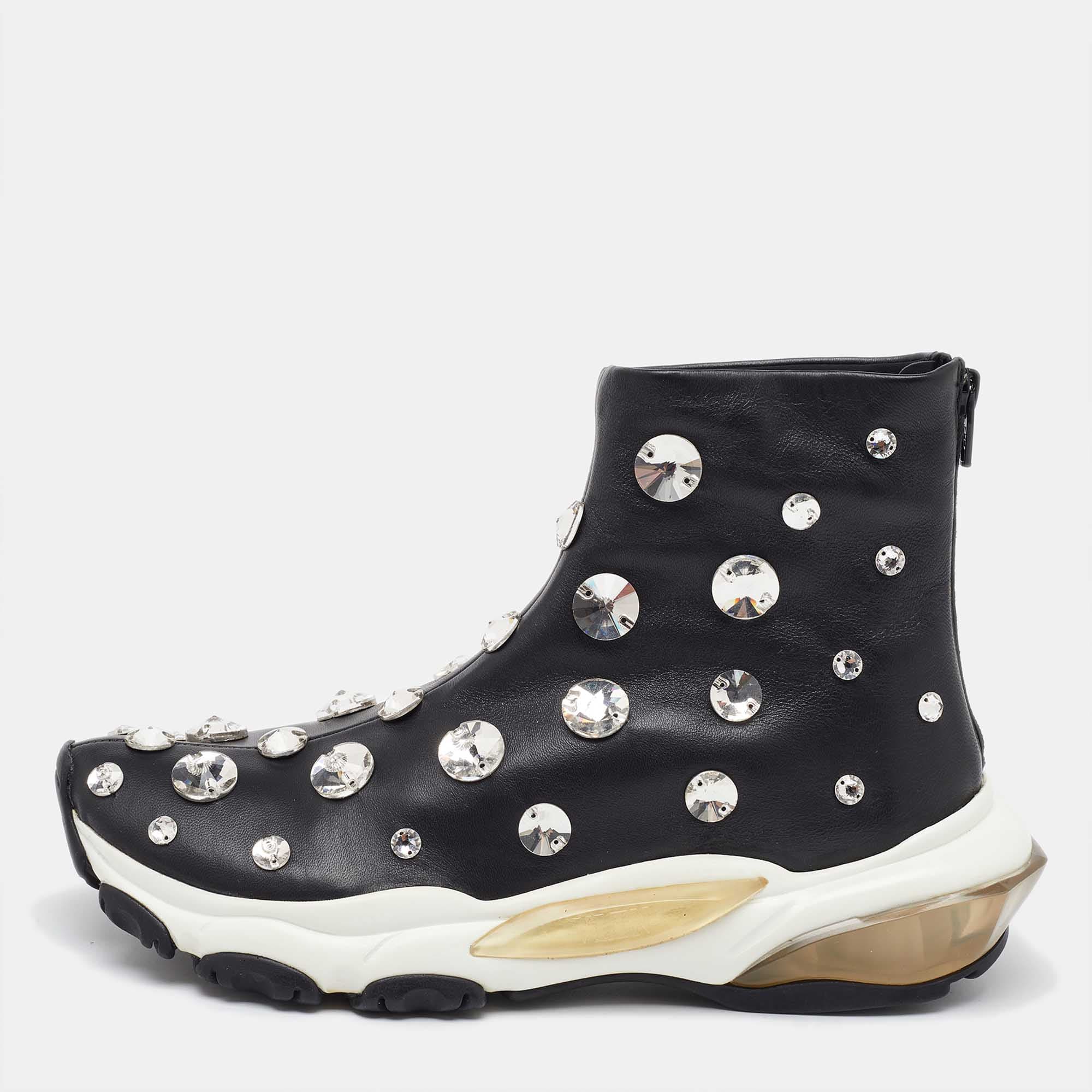 Valentino Black Leather Crystal Embellished High Top Sneakers Size 38.5