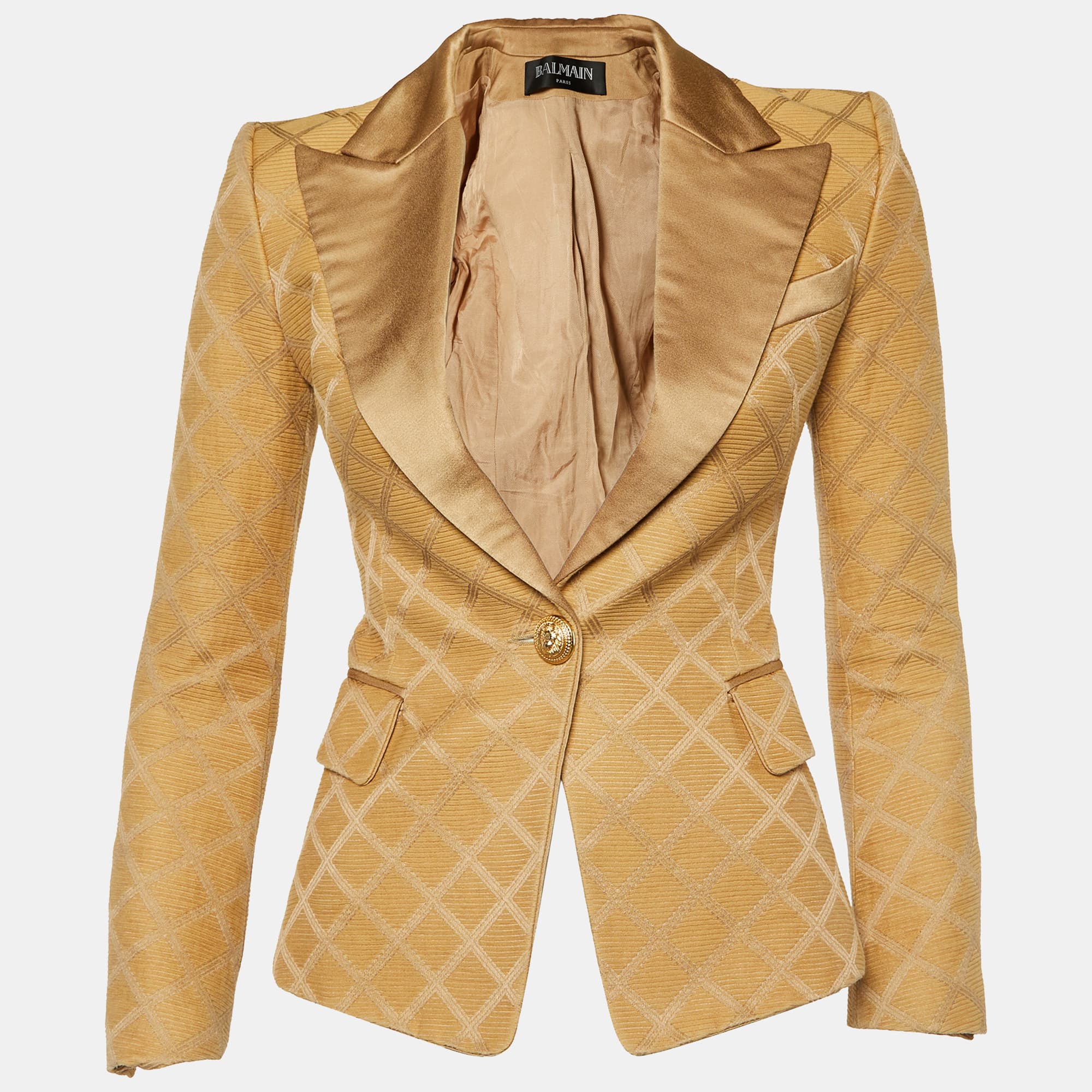 Balmain Beige Diamond Pattern Cotton & Silk Tailored Blazer S