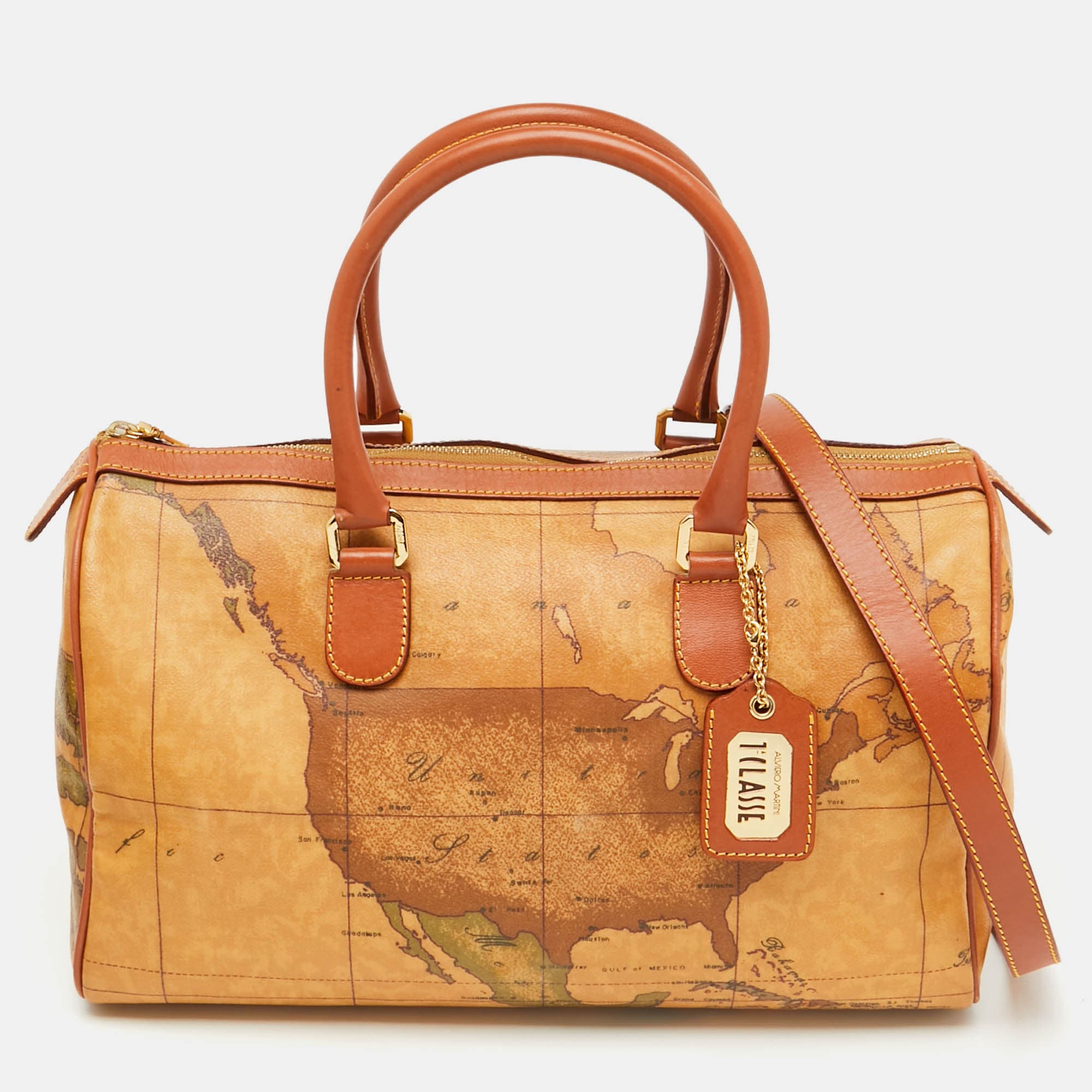 Alviero Martini 1A Classe Tan Geo Classic Print Coated Canvas and Leather Boston Bag