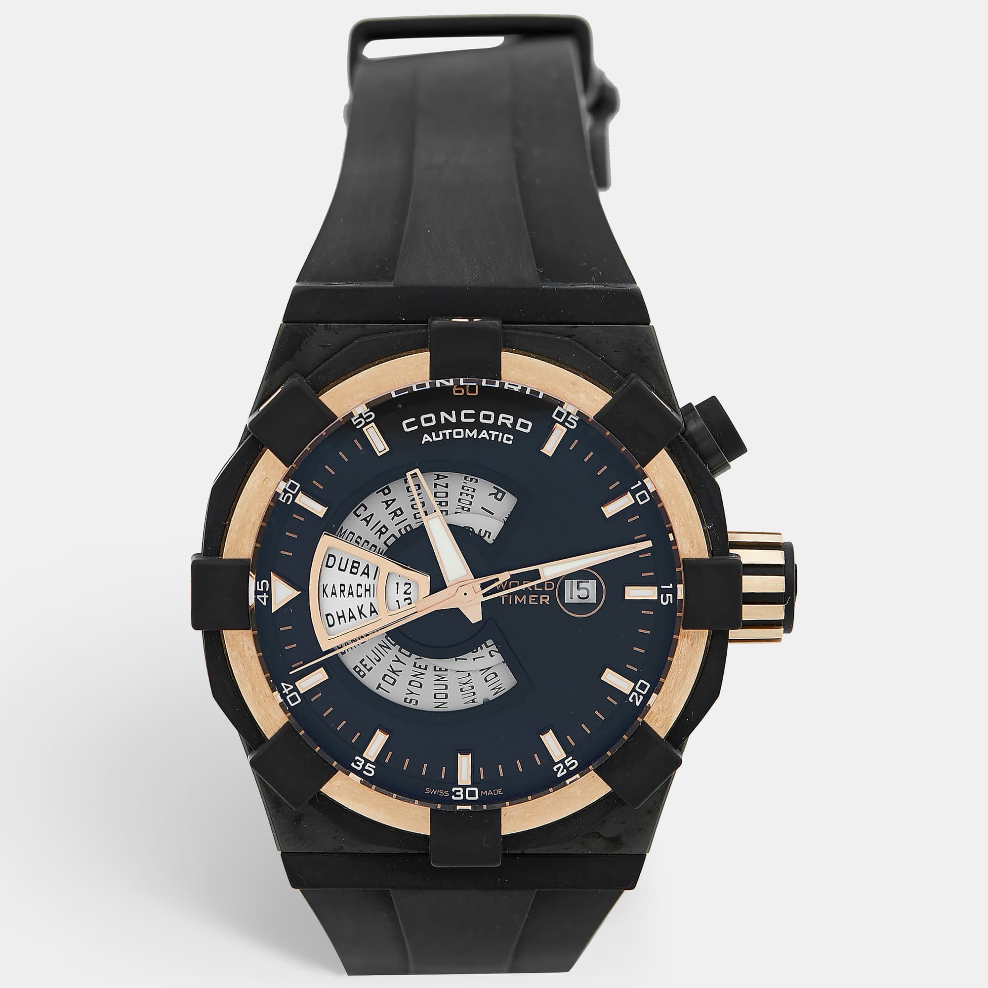 Concord C1 World Timer 01.6.78.1016 Black Dial 18k Rose Gold PVD Coated Stainless Steel Rubber Men's Wristwatch 48 mm