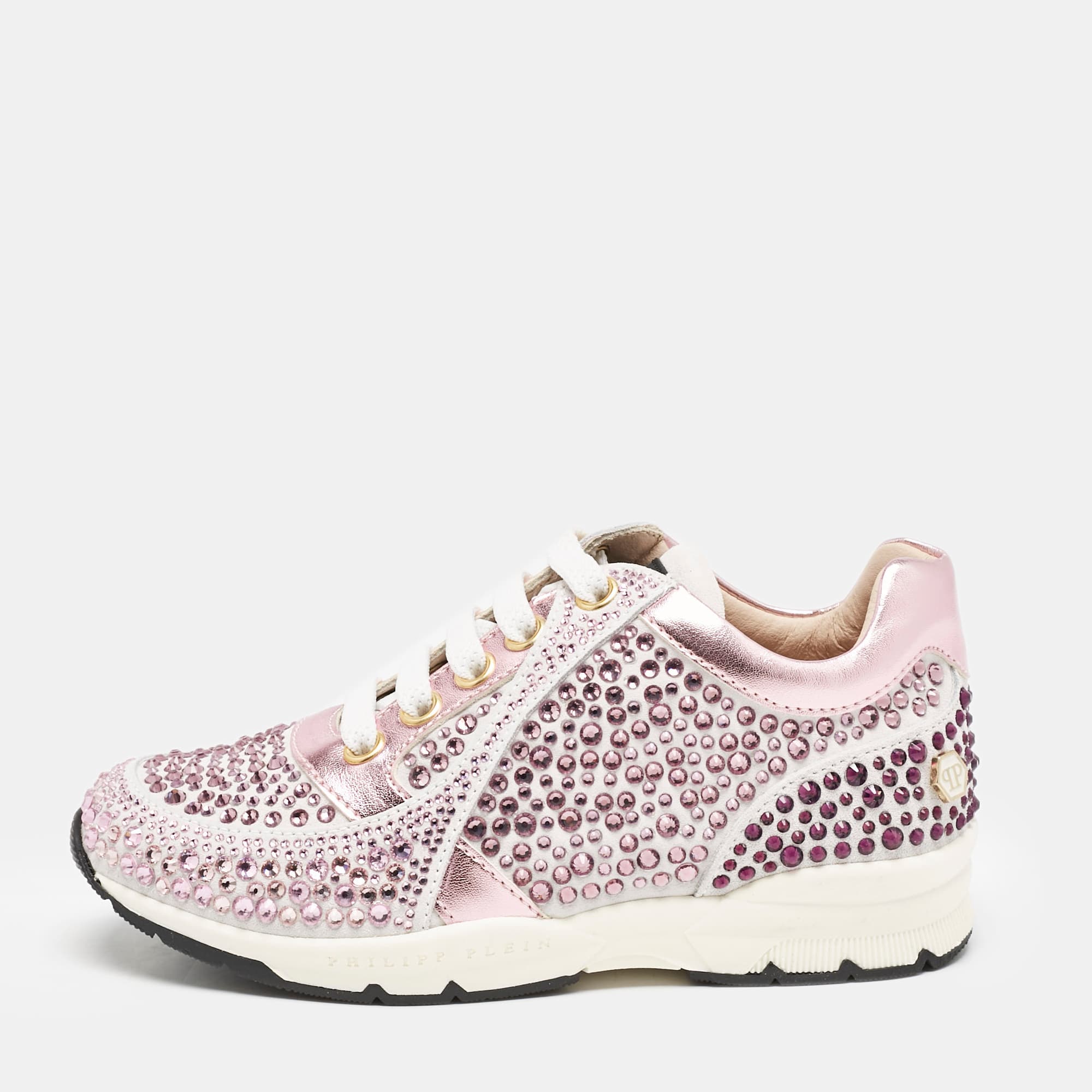 Philipp Plein Metallic Pink/White Leather and Suede Crystal Embellished Klarissa Sneakers Size 28