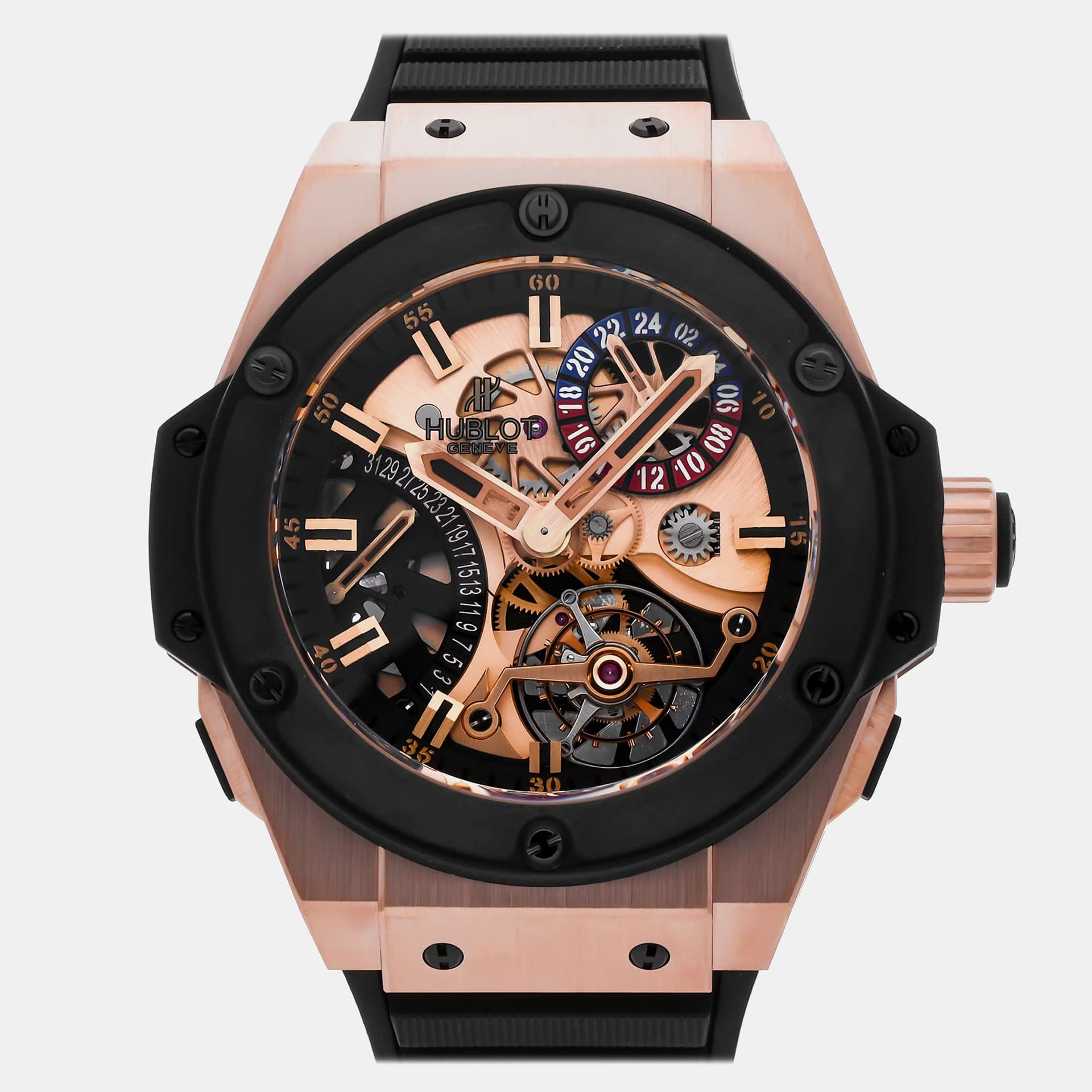 Hublot King Power Big Bang Tourbillon GMT 706.OM.1180.RX Manual Winding Skeleton Dial 18k King Gold Black Ceramic Men's Wristwatch 48mm