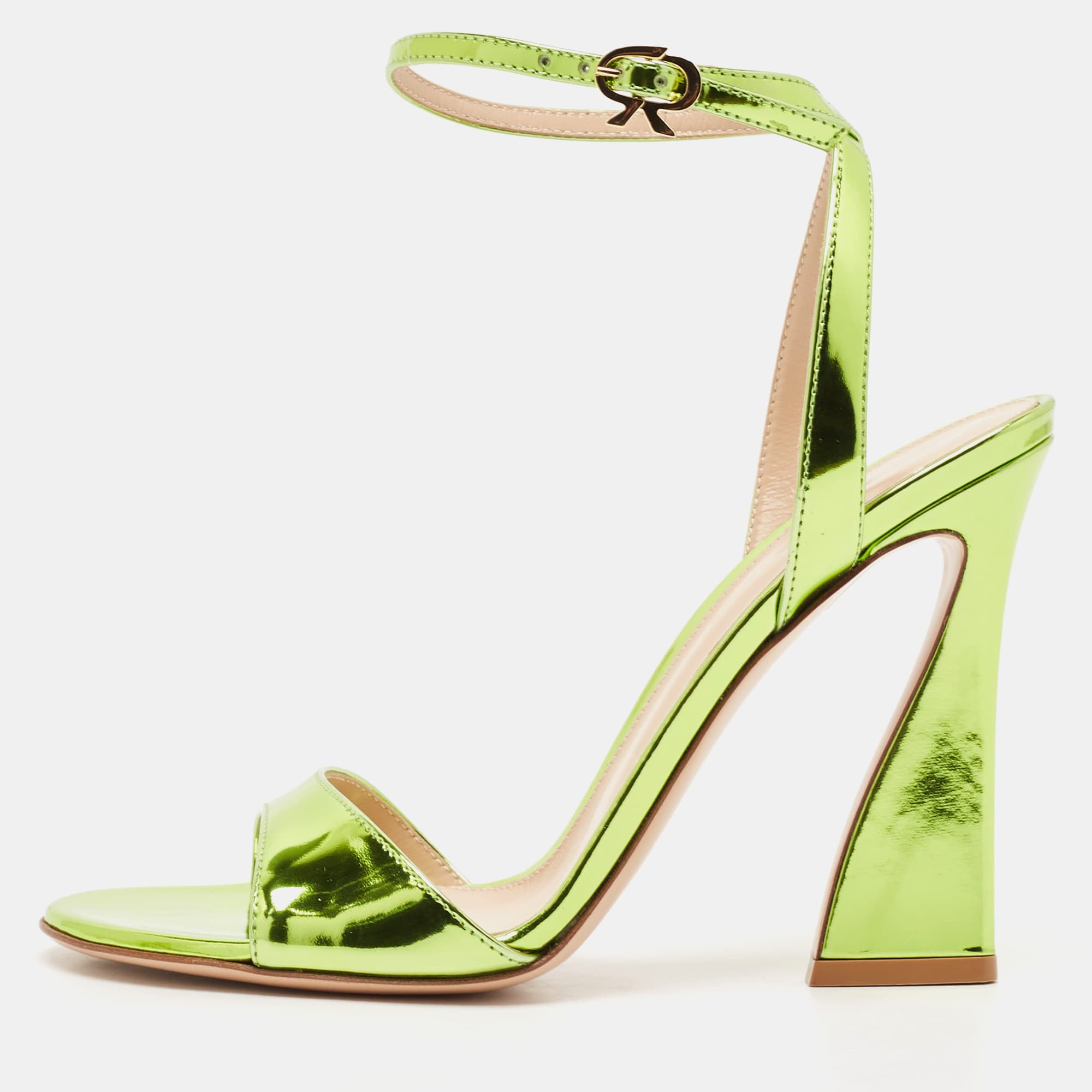 Gianvito Rossi Green Patent Leather Aura Ankle Strap Sandals Size 37.5