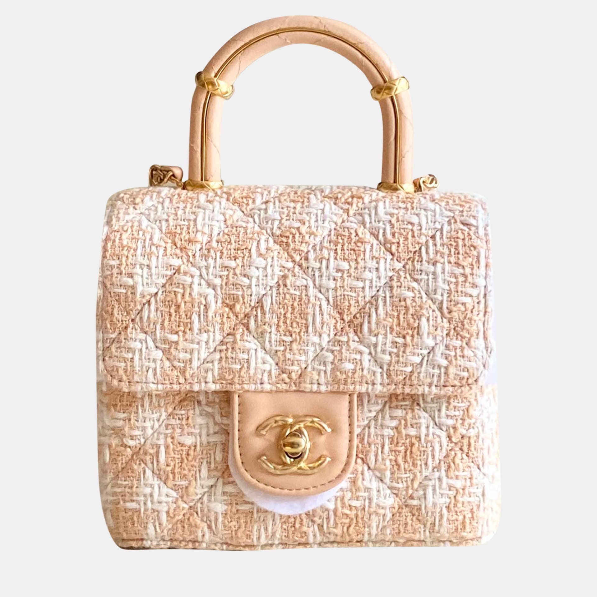 Chanel Handle Crush Mini Beige White Tweed Lambskin Leather Top Handle Bag