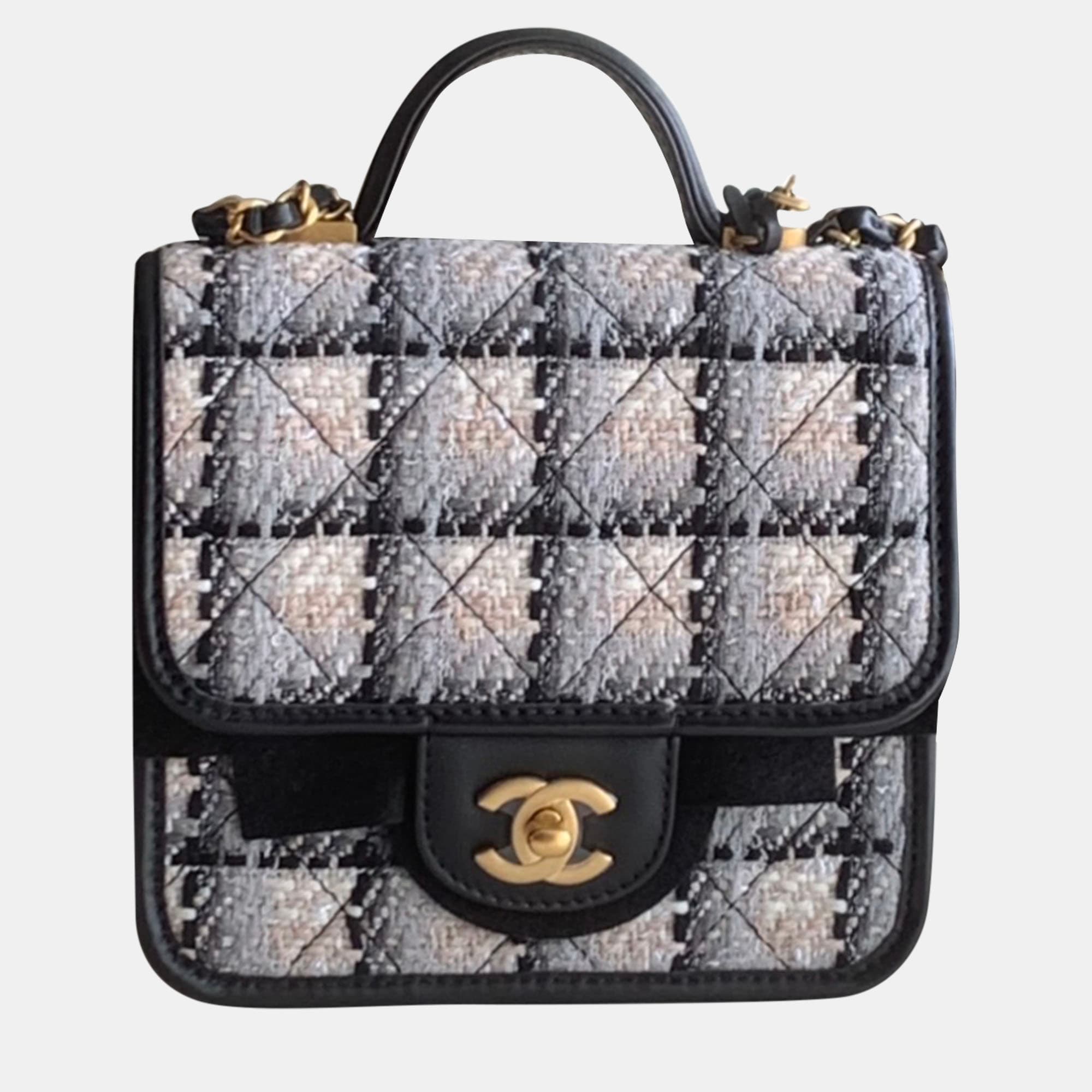 Chanel Leather and Tweed School Memory Flap Top Handle Bag