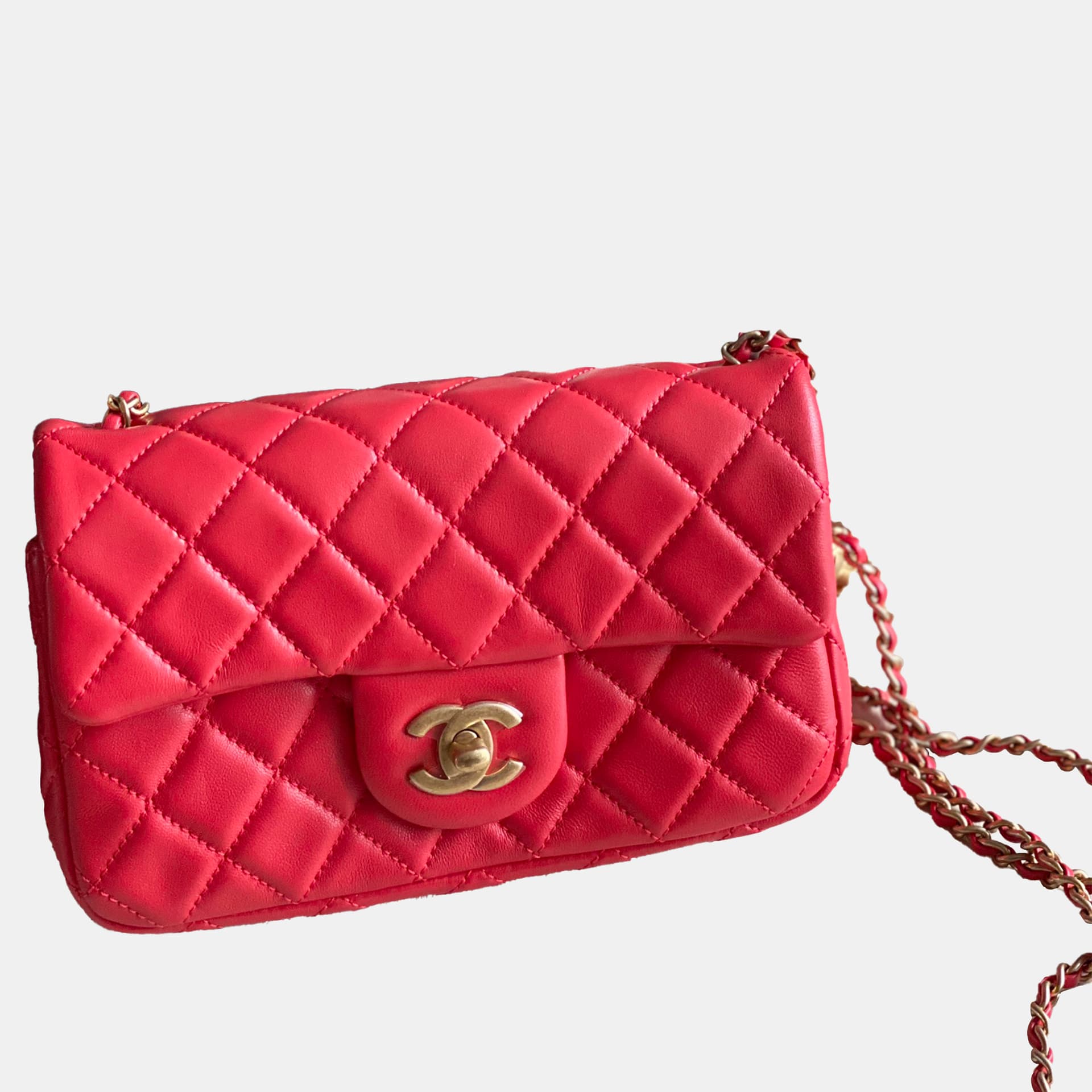 Chanel Classic Mini Rectangular Red Lambskin Leather Shoulder Bag