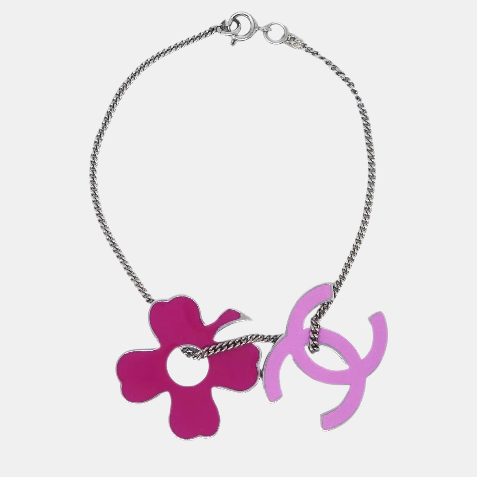 Chanel Silver Plated CC Clover Chain Bracelet