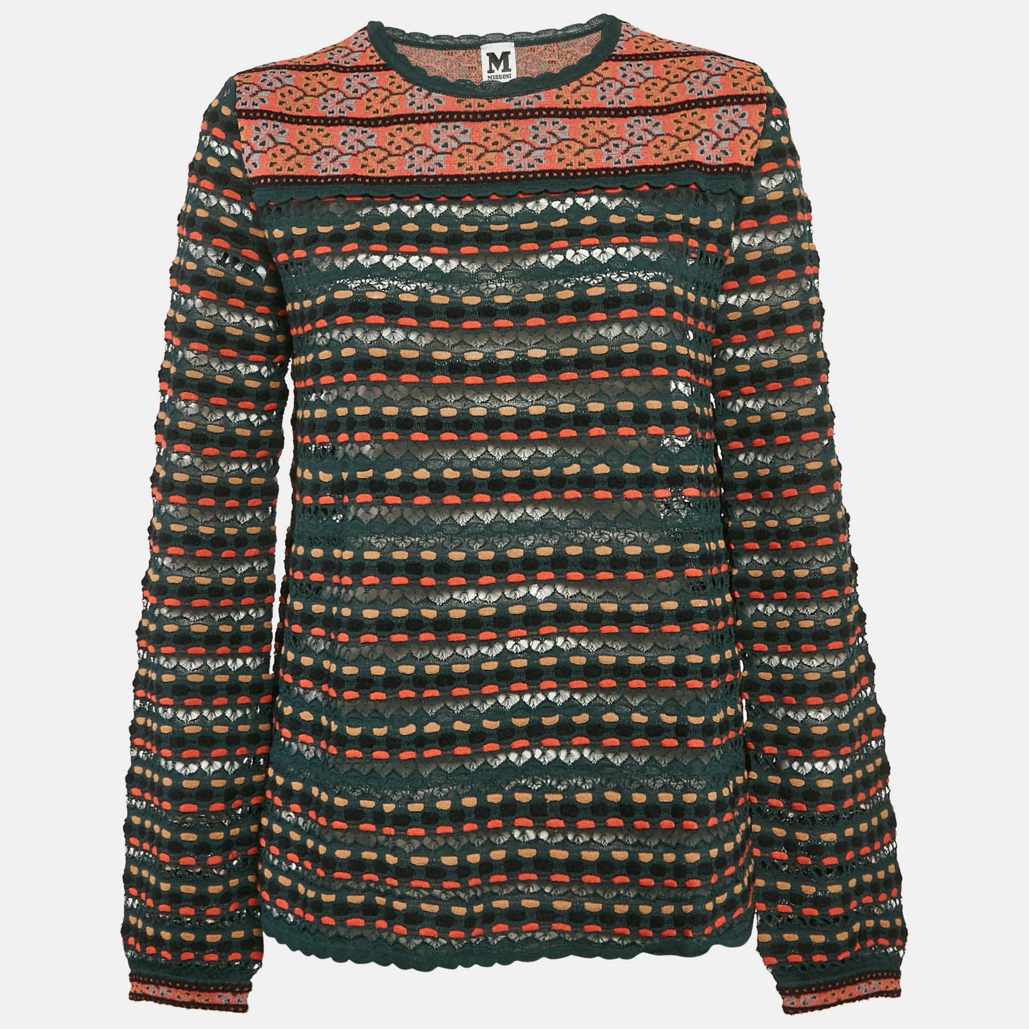 M Missoni Teal Blue Pointelle Knit Long Sleeve Knit Top L