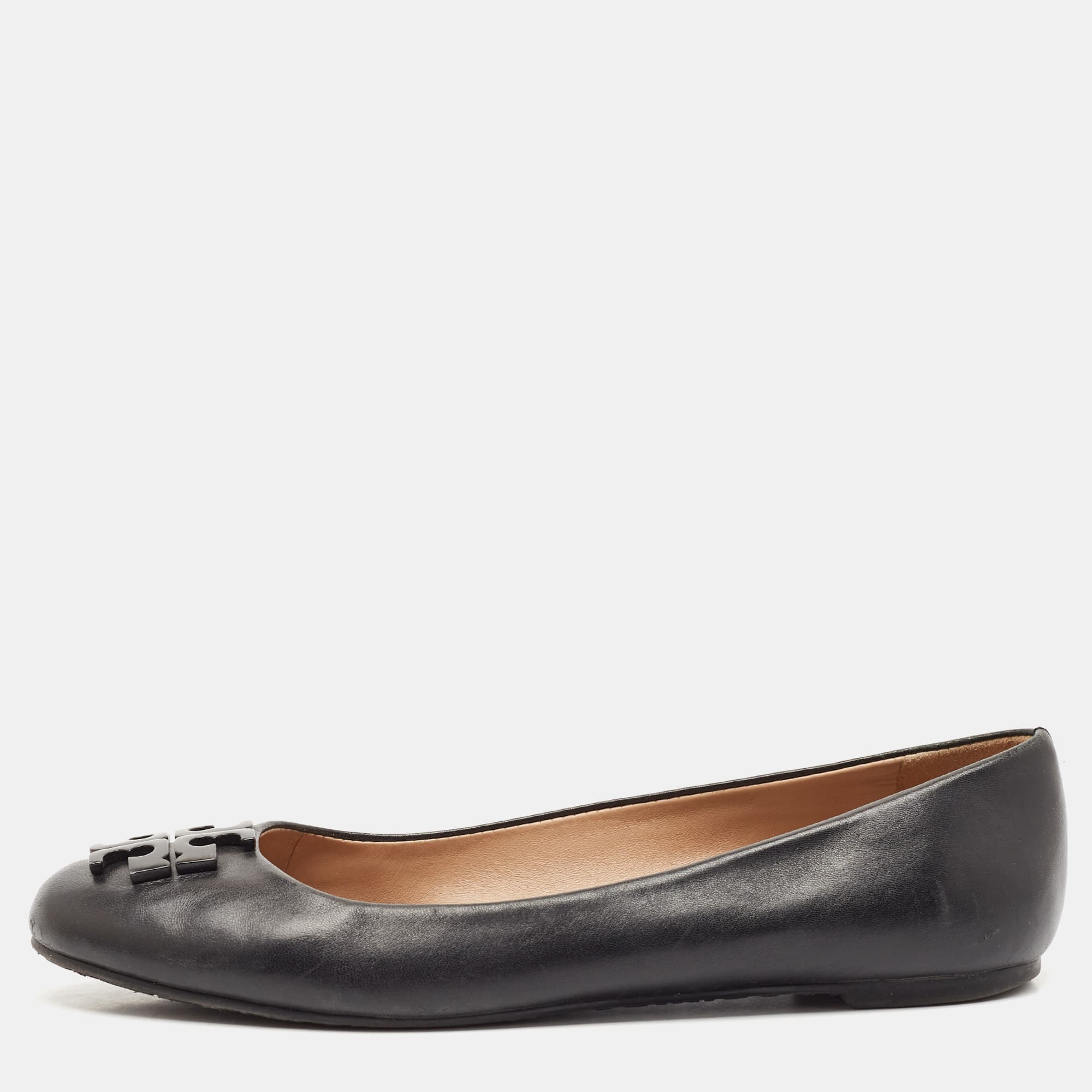 Tory Burch Black Leather Logo Lowell Ballet Flats Size 37.5