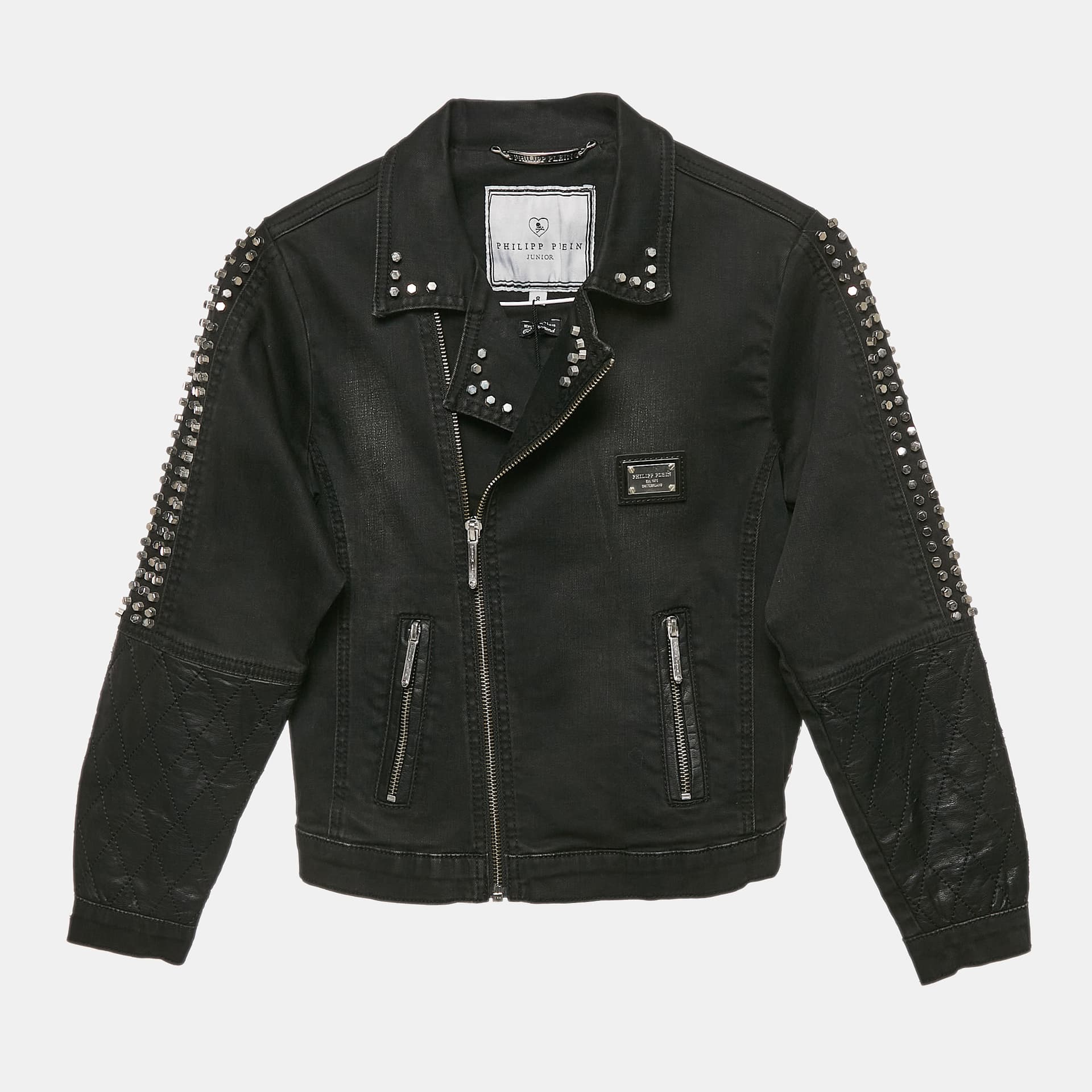 Philipp Plein Junior Black Studded Faux Leather Denim Jacket 8 Yrs