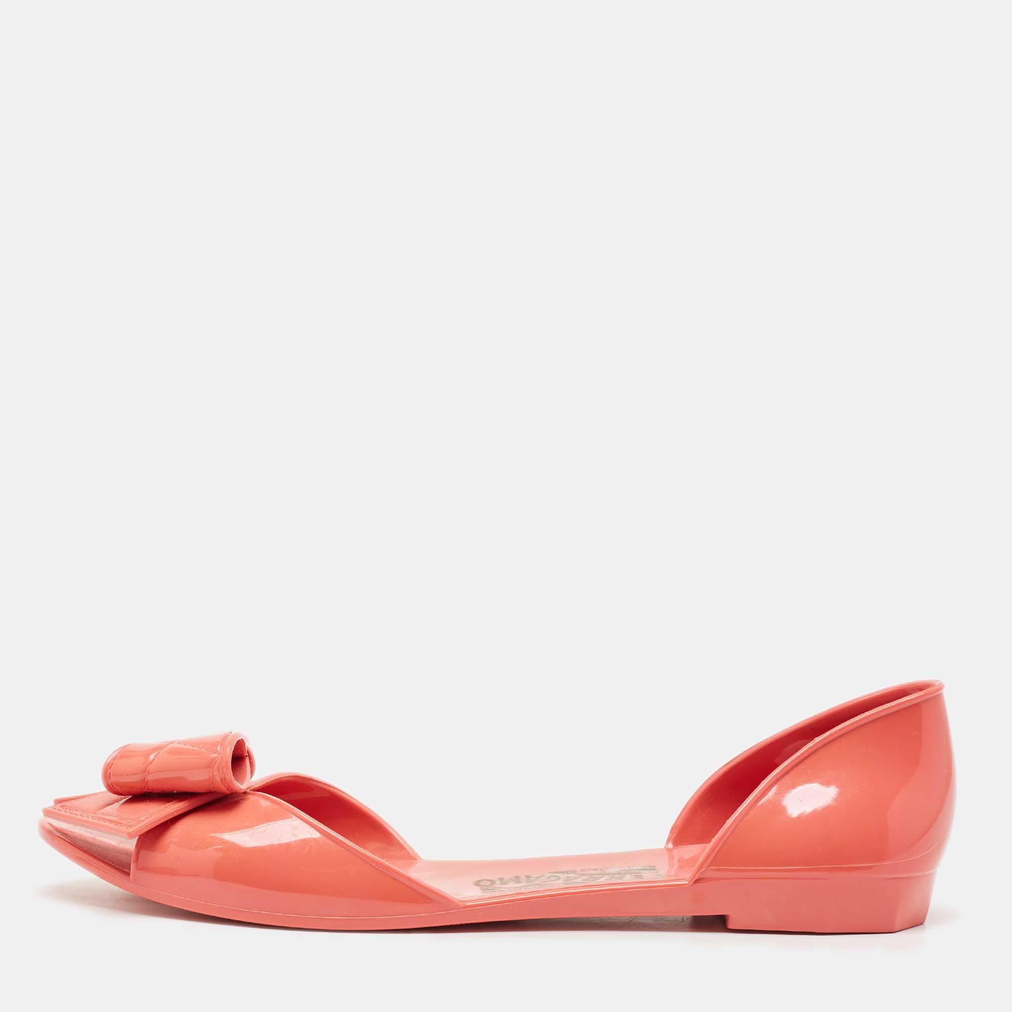 Salvatore Ferragamo Coral Pink Jelly Barbados Bow Ballet Flats Size 39.5