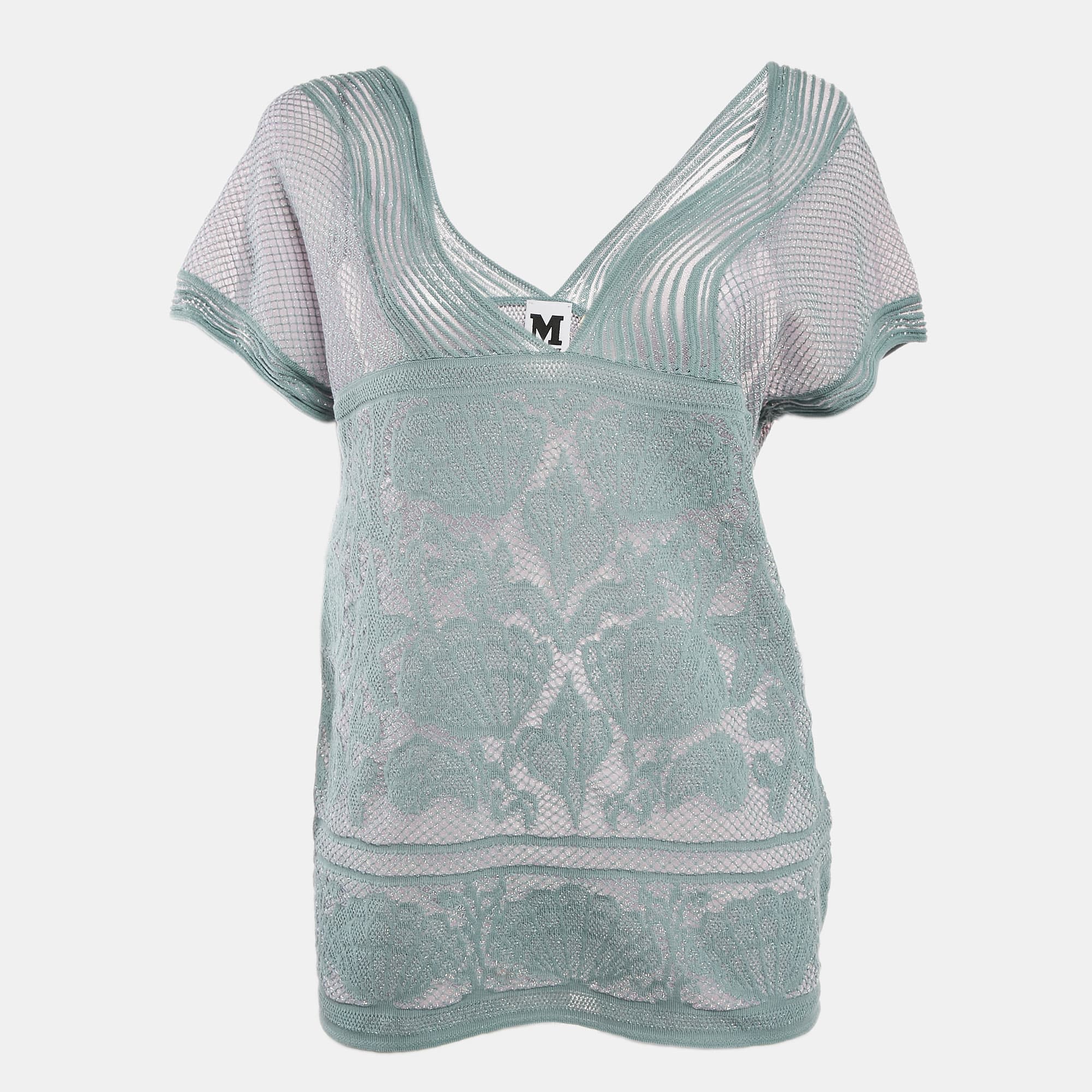M Missoni Ice Blue Lurex Textured Knit V-Neck Top L
