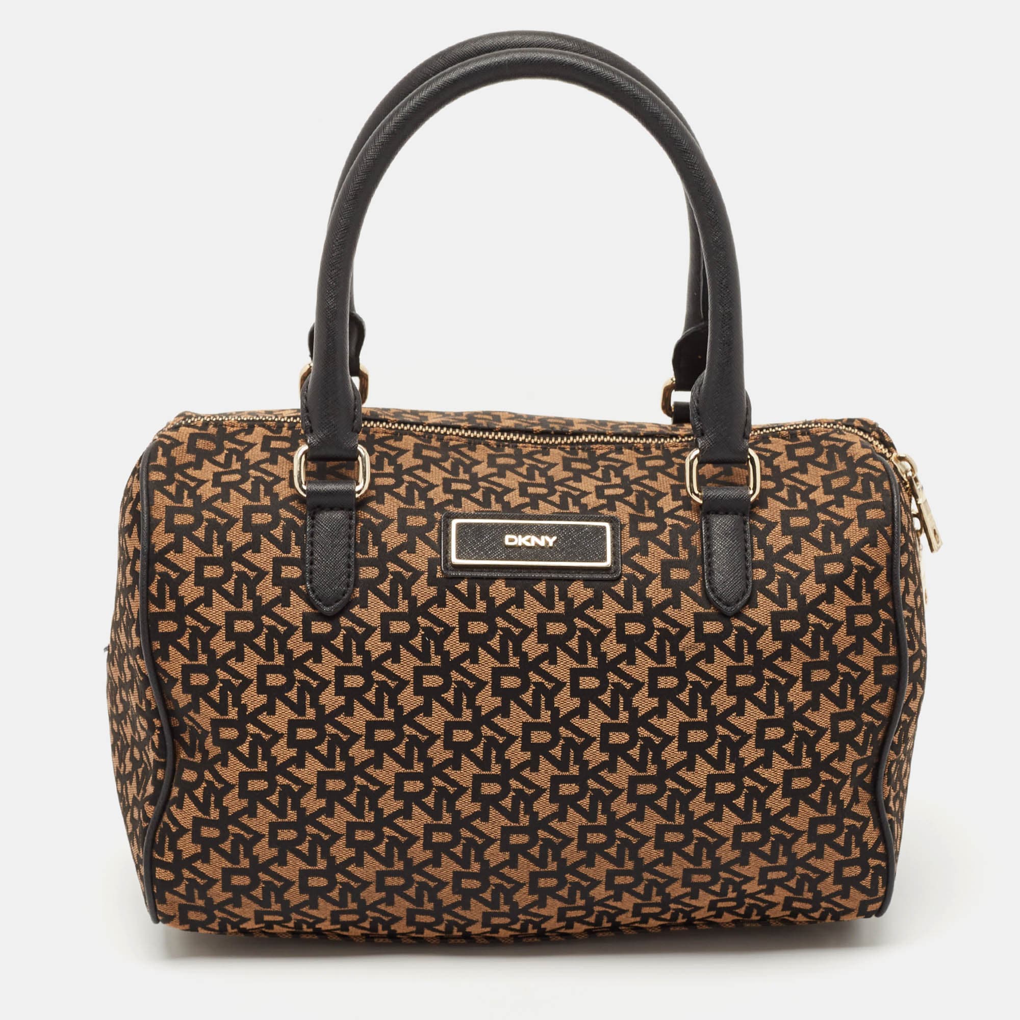 DKNY Black/Brown Monogram Fabric and Leather Boston Bag