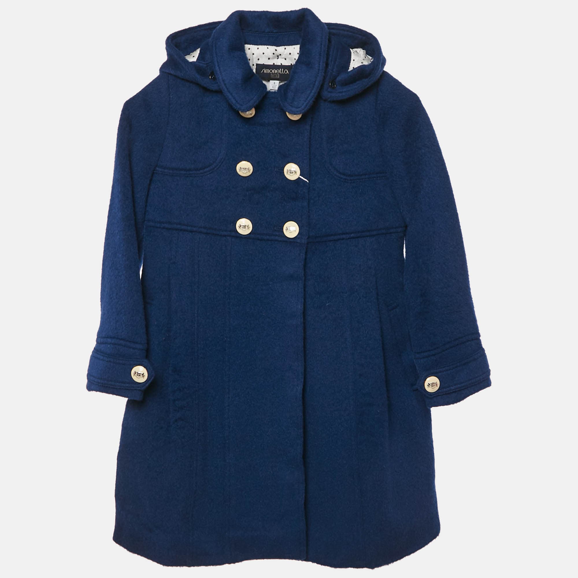 Simonetta Kids Navy Blue Wool Detachable Hood Double Breasted Coat 6 Yrs