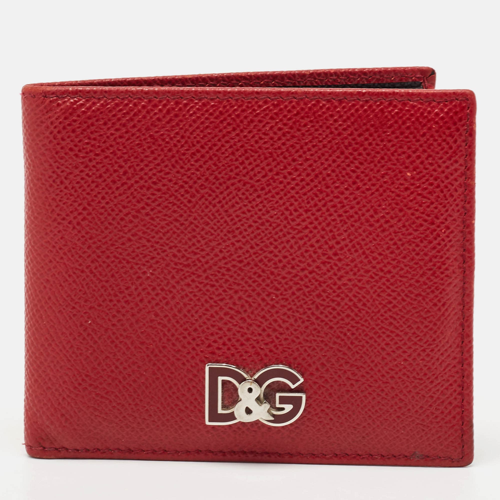 Dolce & Gabbana Red Leather Logo Plaque Bifold Wallet