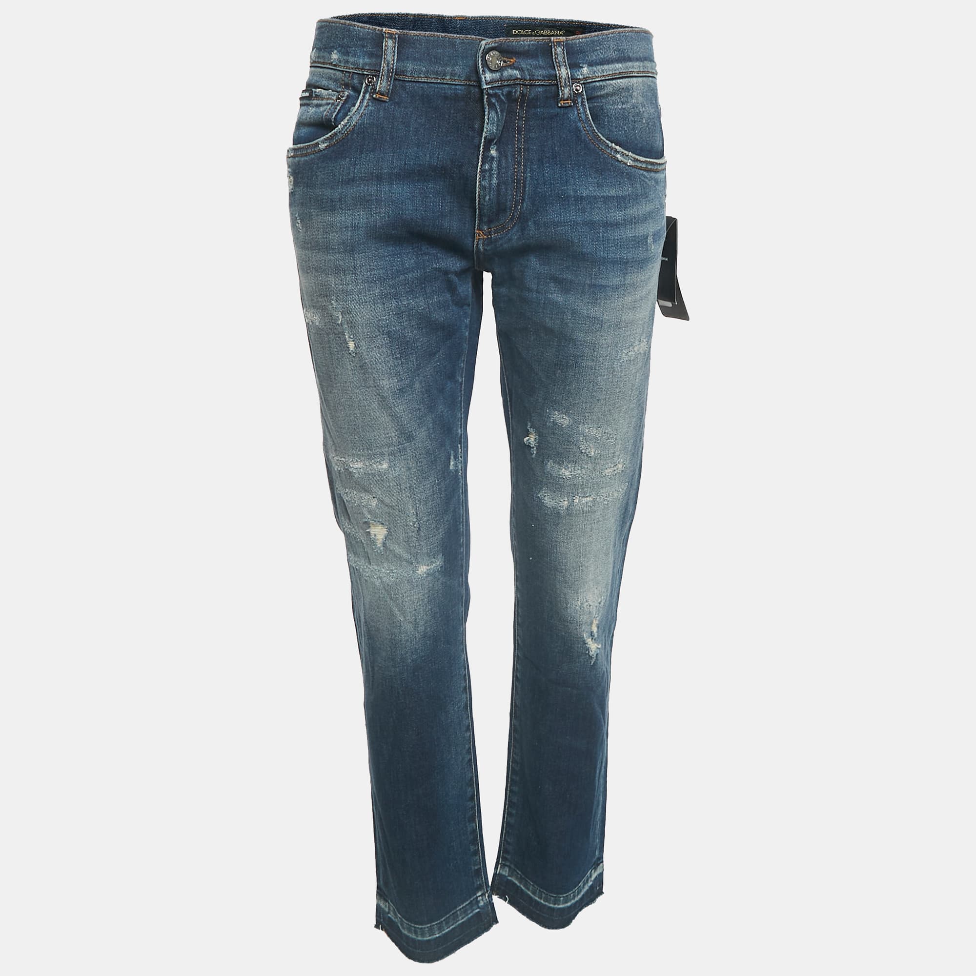 Dolce & Gabbana Navy Blue Distressed Denim Capri Jeans 32" L