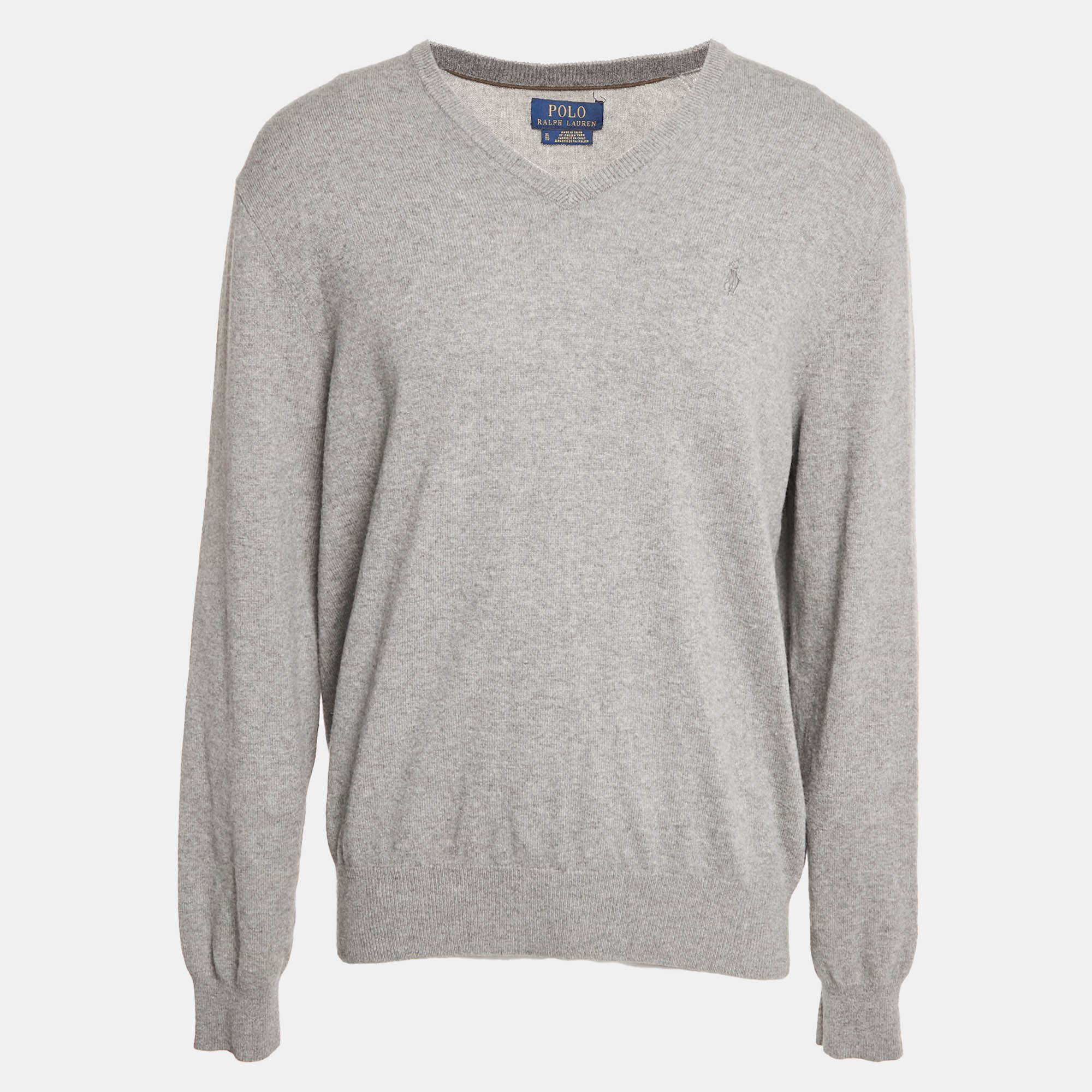 Polo Ralph Lauren Grey Wool Knit V-Neck Sweater XL