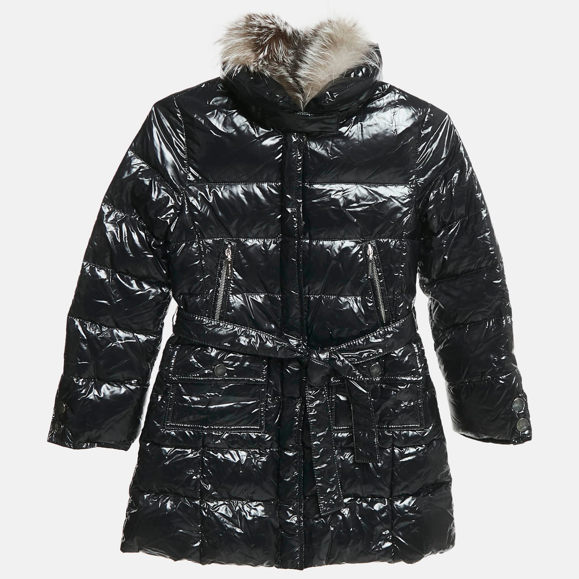 Simonetta Kids Black Nylon Detachable Fur Belted Down Jacket 8 Yrs