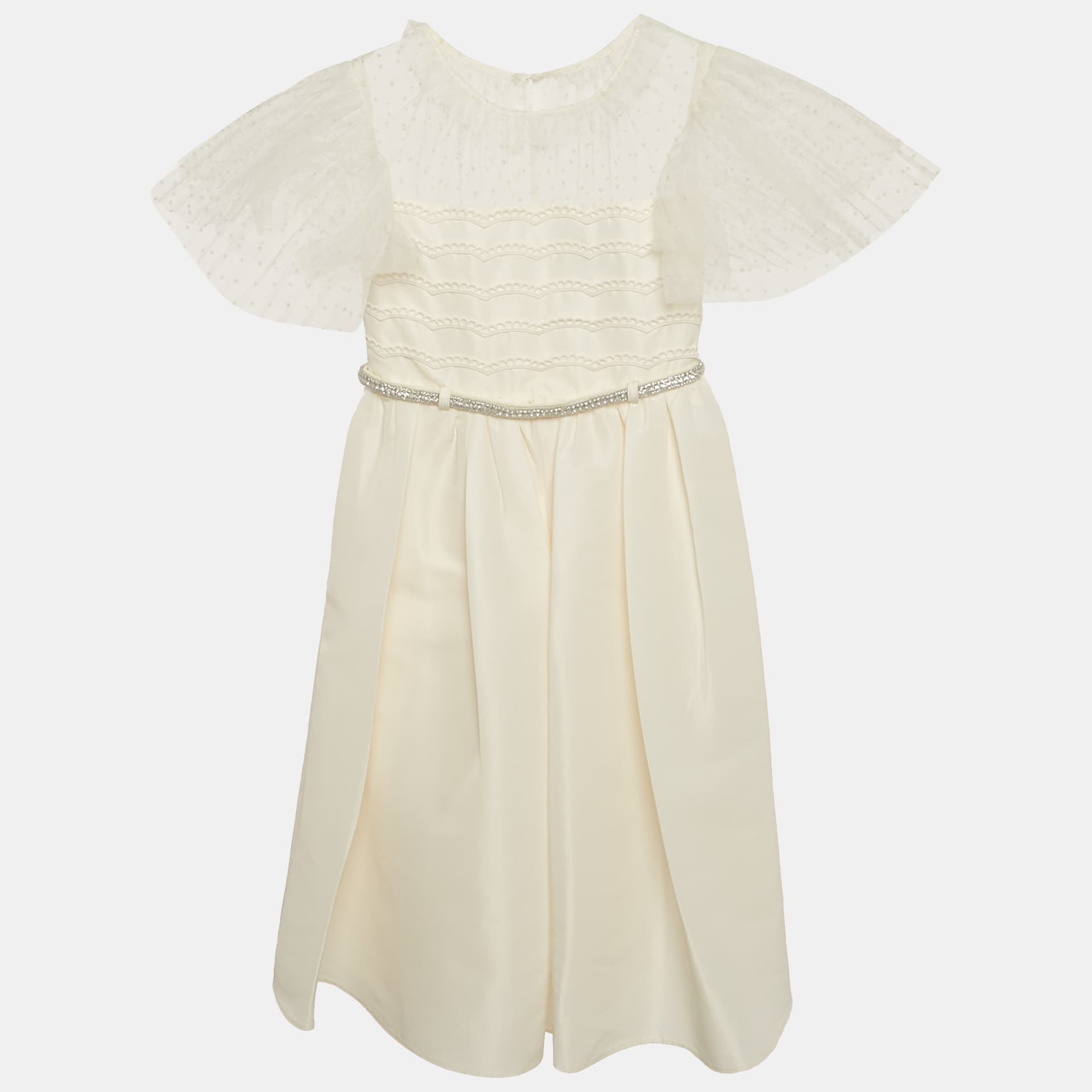 Self-Portrait Off-White Satin and Tulle Stud Belted Dress 3-4 Yrs