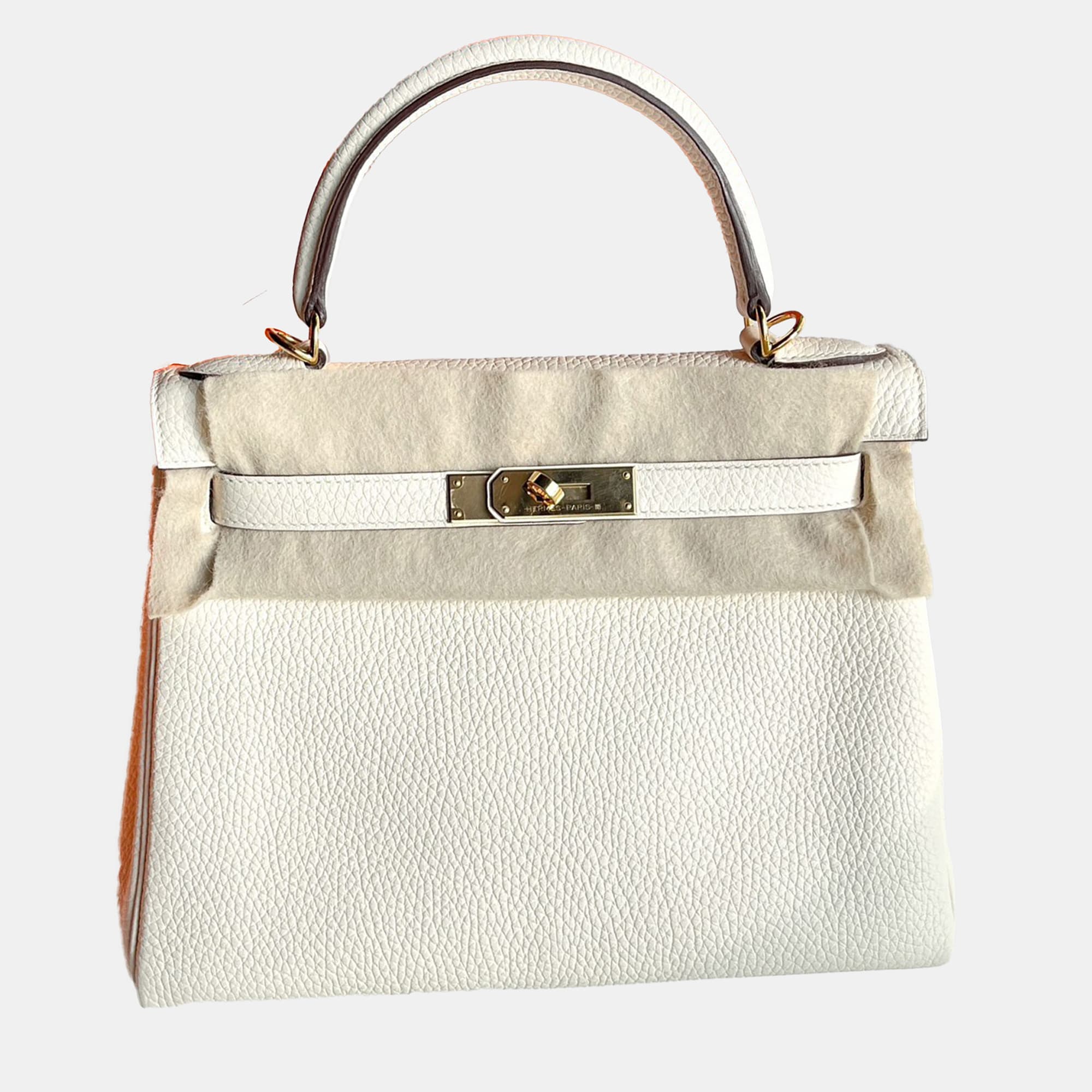 Hermes Cream White Leather Kelly 28 Top Handle Bag