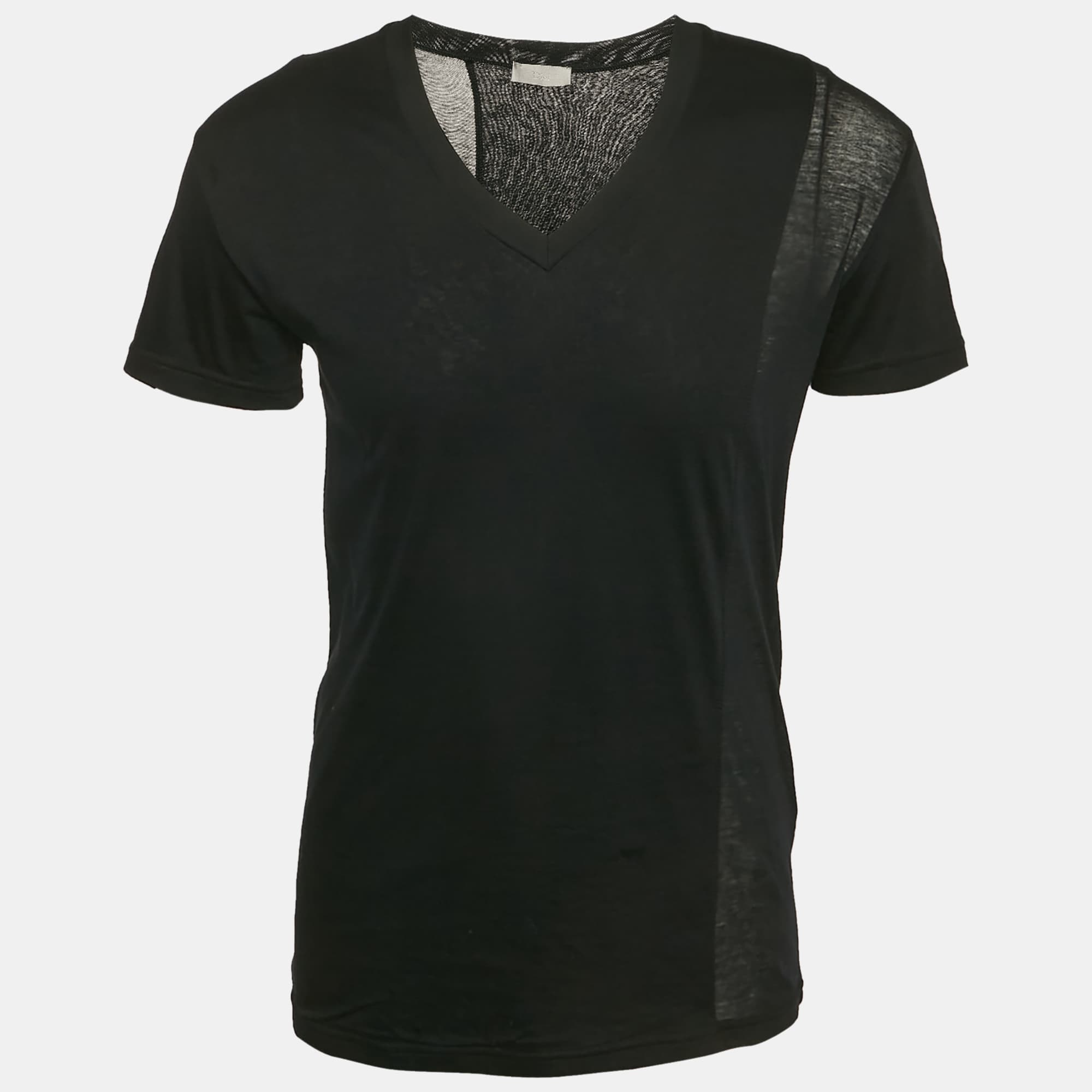 Dior Homme Black Sheer Panelled Jersey V-Neck T-Shirt S