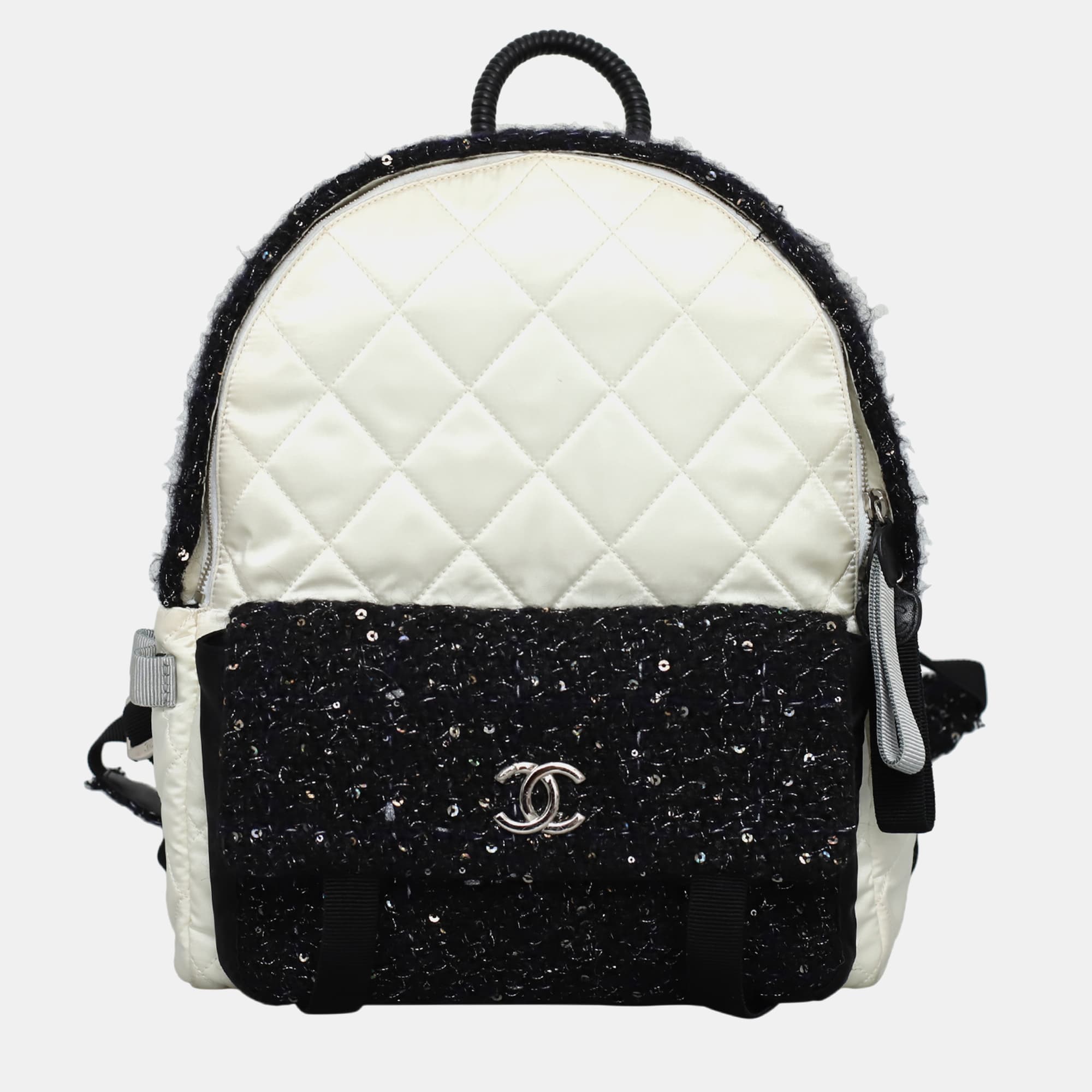 Chanel White & Black Leather, Nylon, Tweed Quilted Nylon & Tweed Backpack