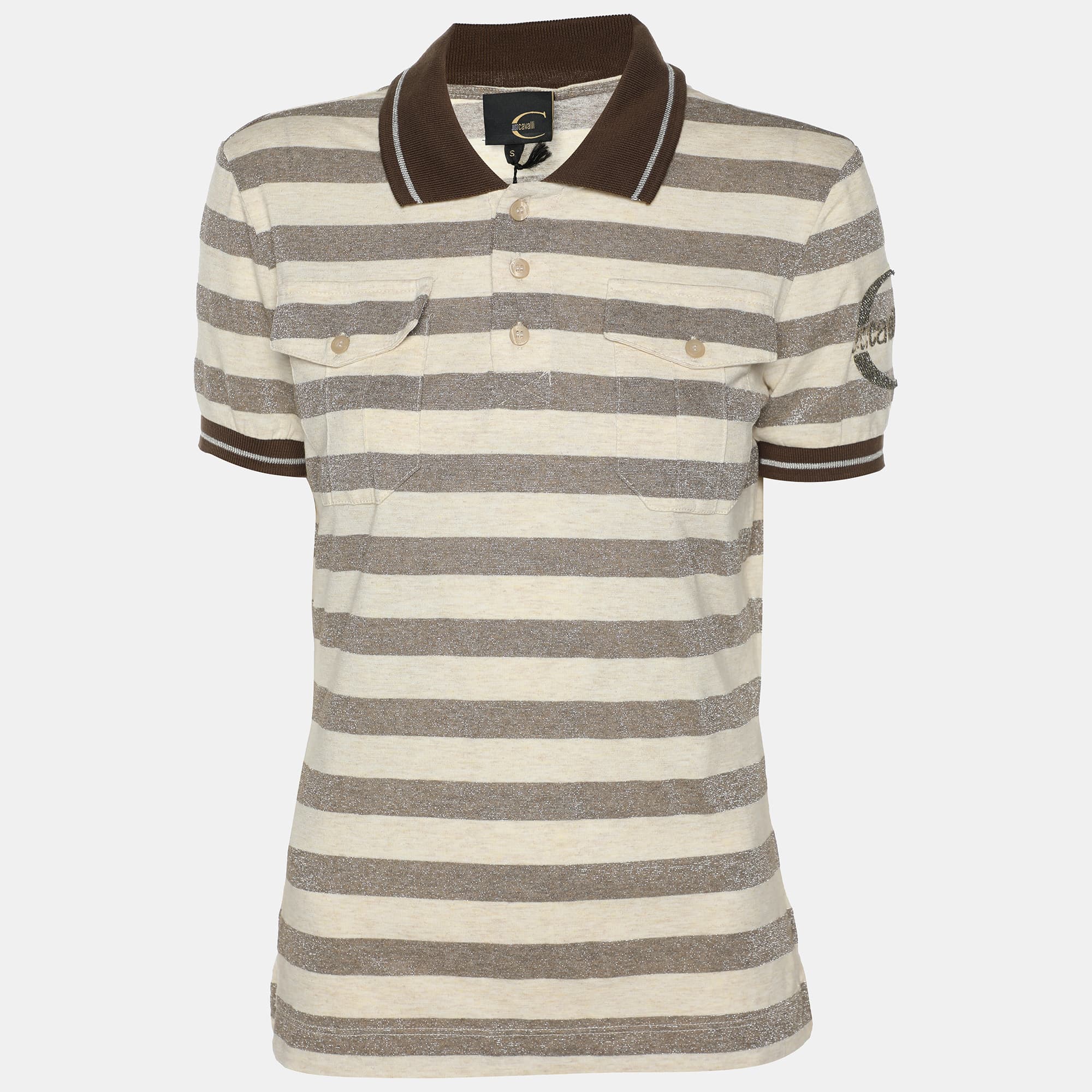 Just Cavalli Brown/Cream Striped Viscose Blend T-Shirt S